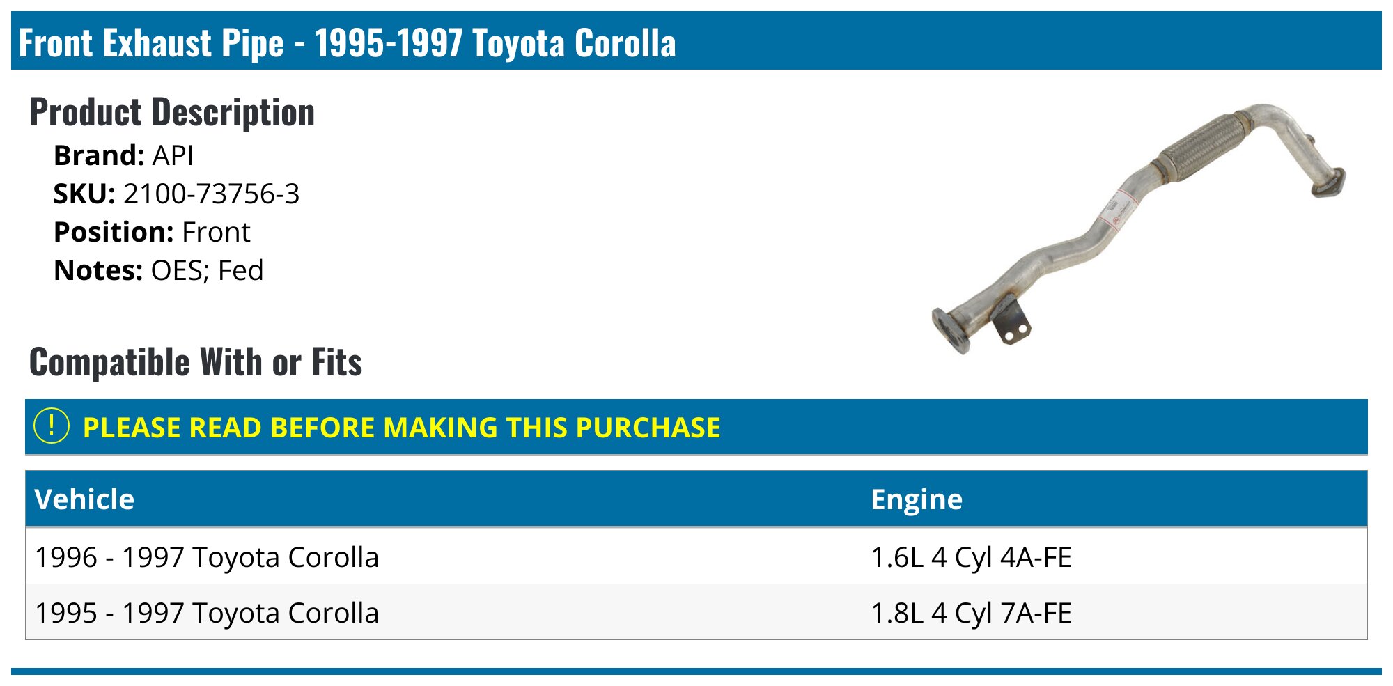 1995-1997 Toyota Corolla Exhaust Pipe - API 8009-07415245 - Front ...