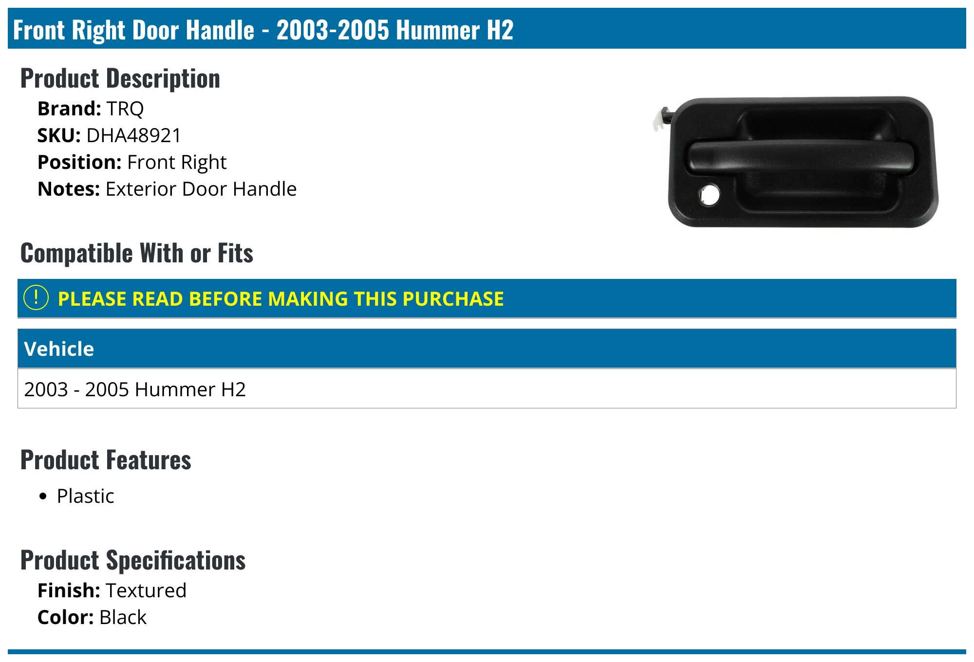 Evan-Fischer Chrome Exterior Door Handle Set For 2003-2009 Hummer H2 – Front Pair (Driver & Passenger)