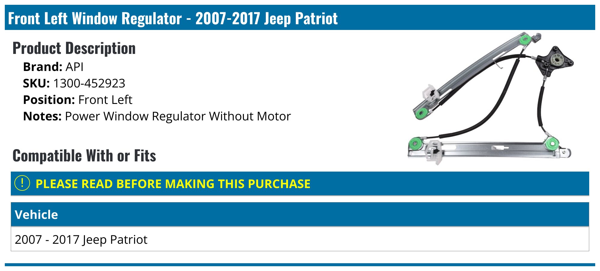 2016 Jeep Patriot Window Motor & Regulator Assembly