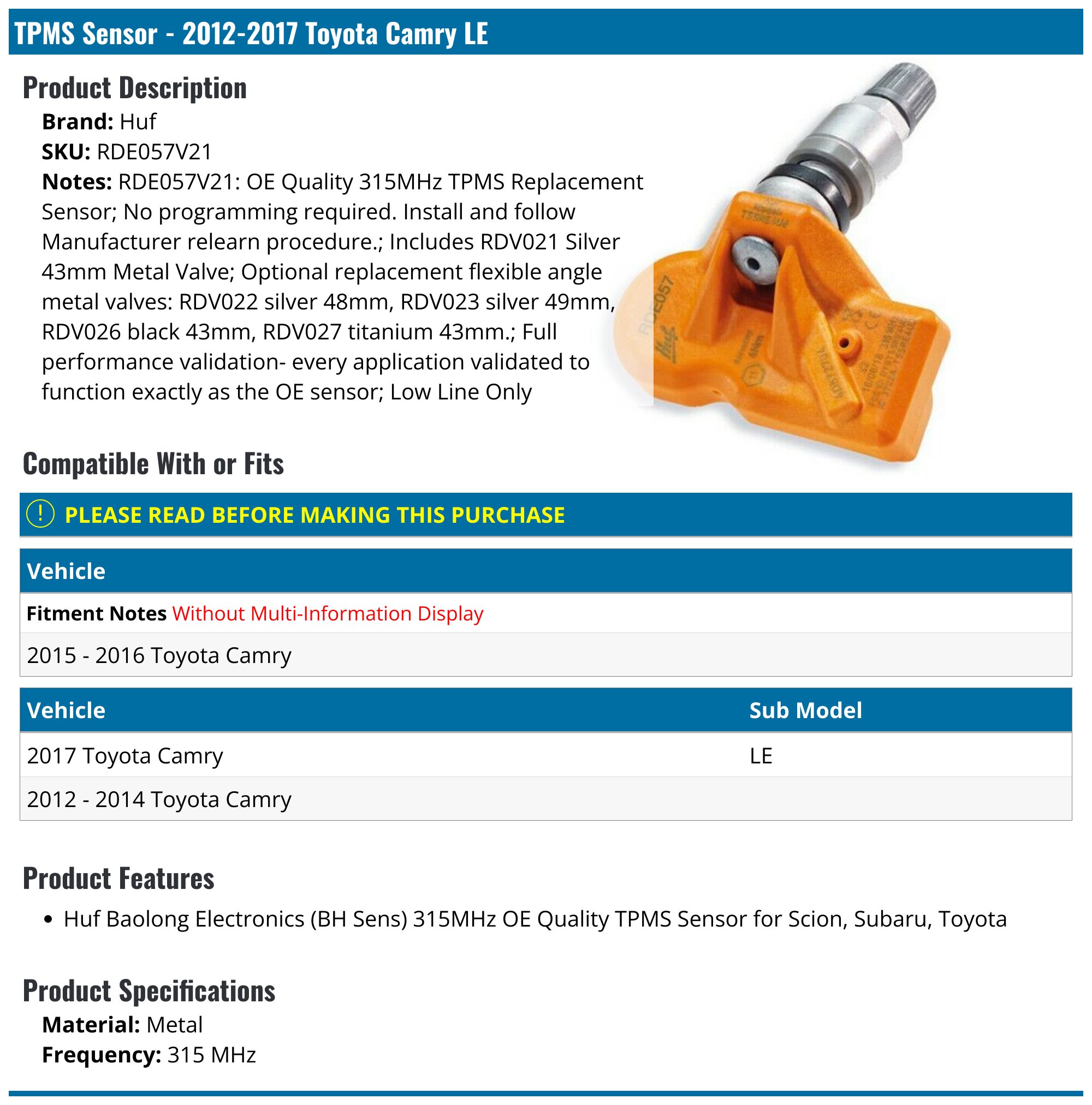 Toyota Camry TPMS sensor replacement cost chart