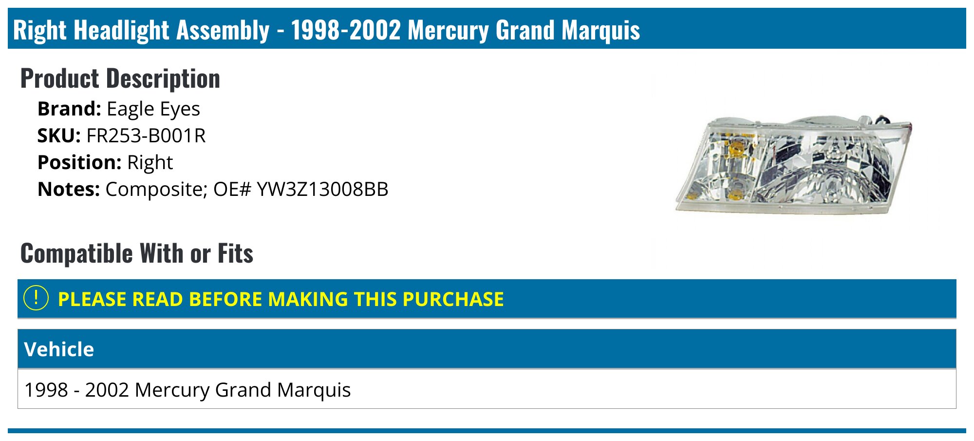 AM Autoparts Headlight Assembly Set – For 1998-2002 Mercury Grand Marquis – Driver & Passenger Side, 10-Year Warranty