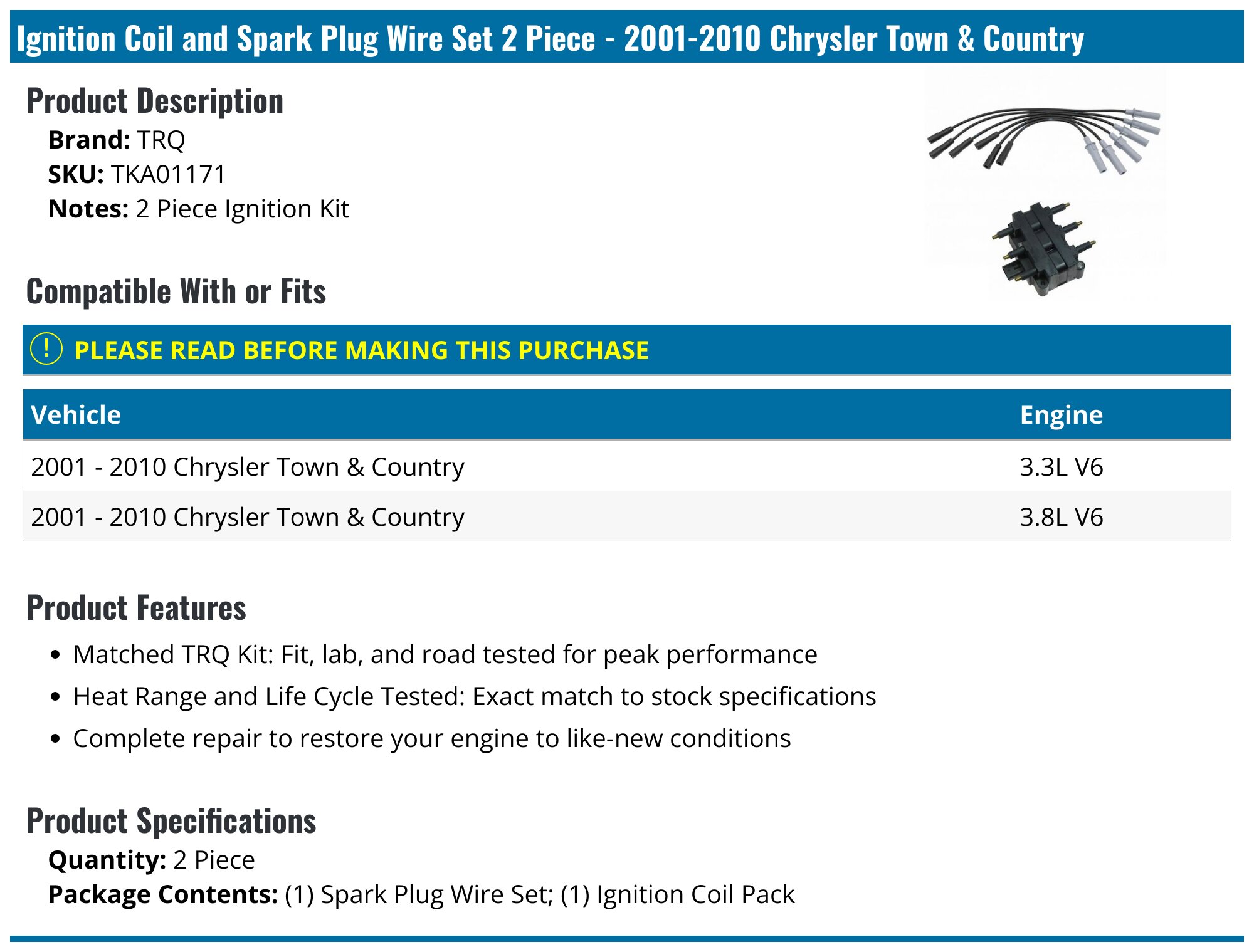 6X Spark Plug Wire Set Fit Chrysler Pacifica Town&Country Voyager Dodge Caravan
