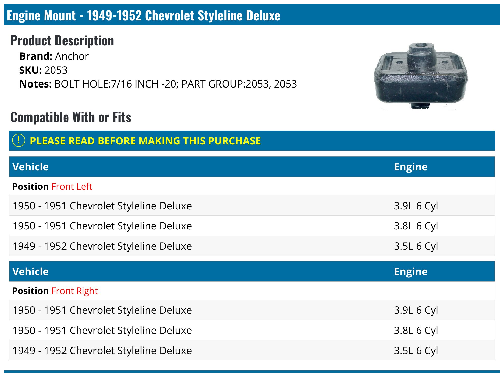 19491952 Chevrolet Styleline Deluxe Engine Mount Anchor 2053 Front