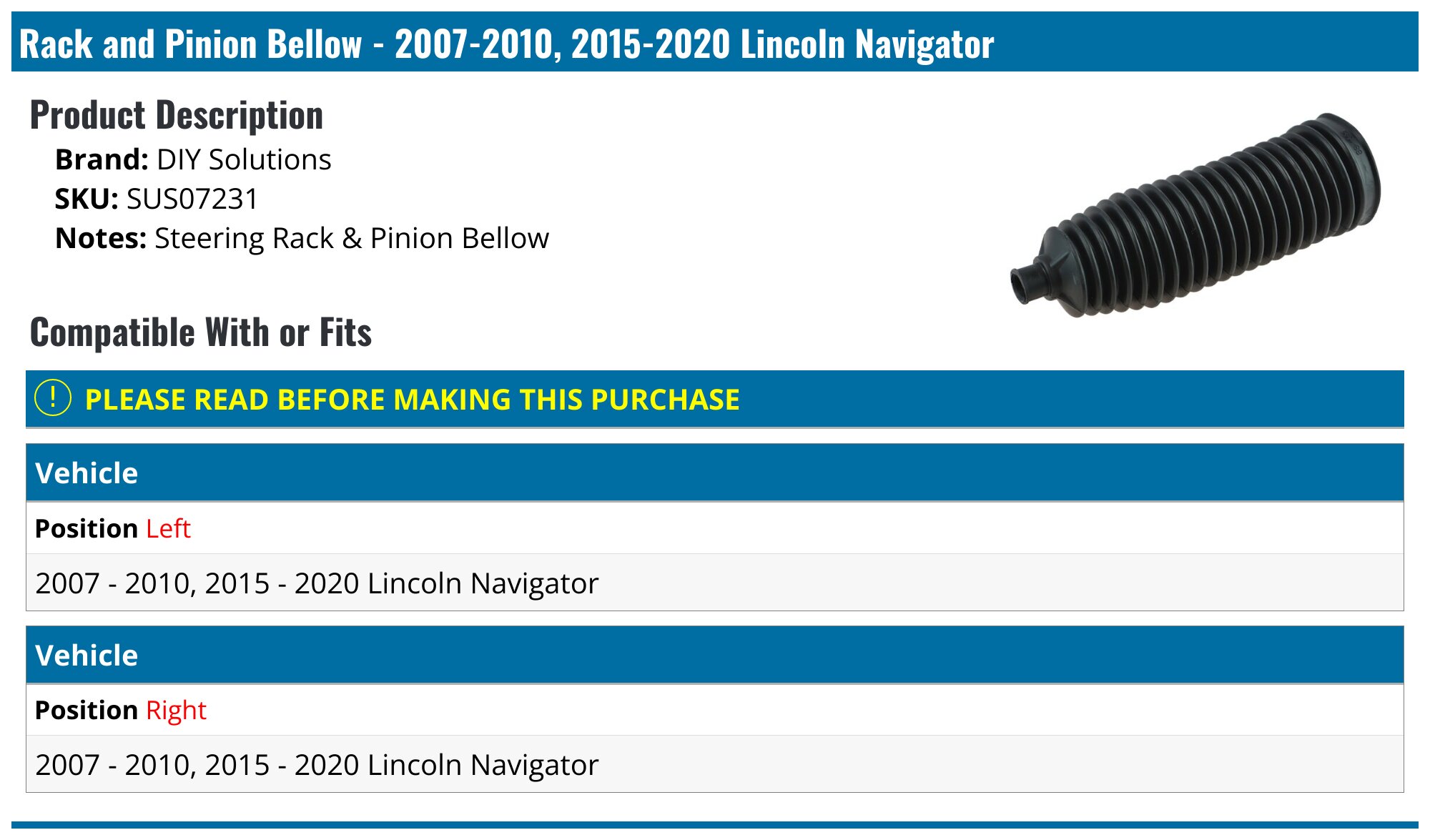 2007-2010, 2015-2020 Lincoln Navigator Rack and Pinion Bellow - DIY ...
