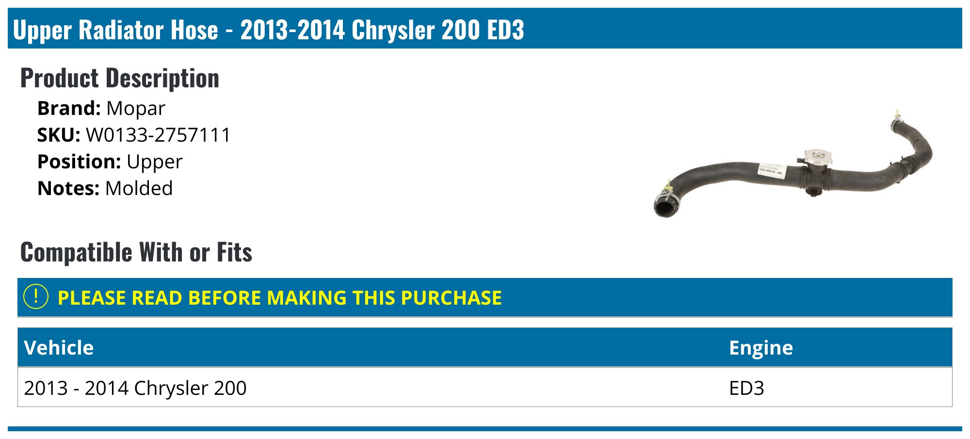 Dayco Upper Radiator Hose For 2011-2014 Chrysler 200 | Part 44396TV | Coolant Hose
