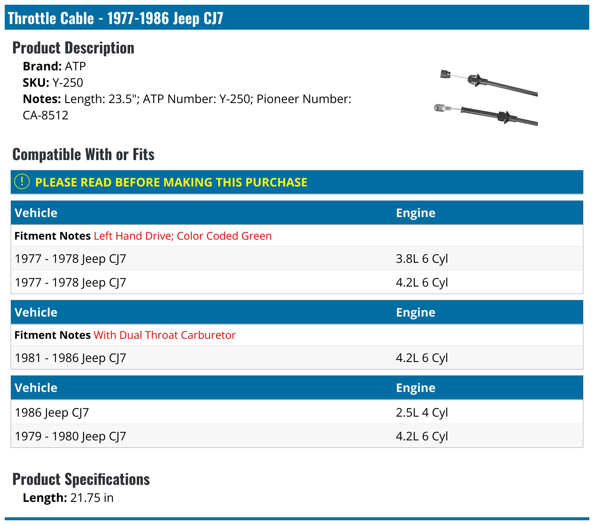 ATP® Y-612 - Carburetor Accelerator Cable