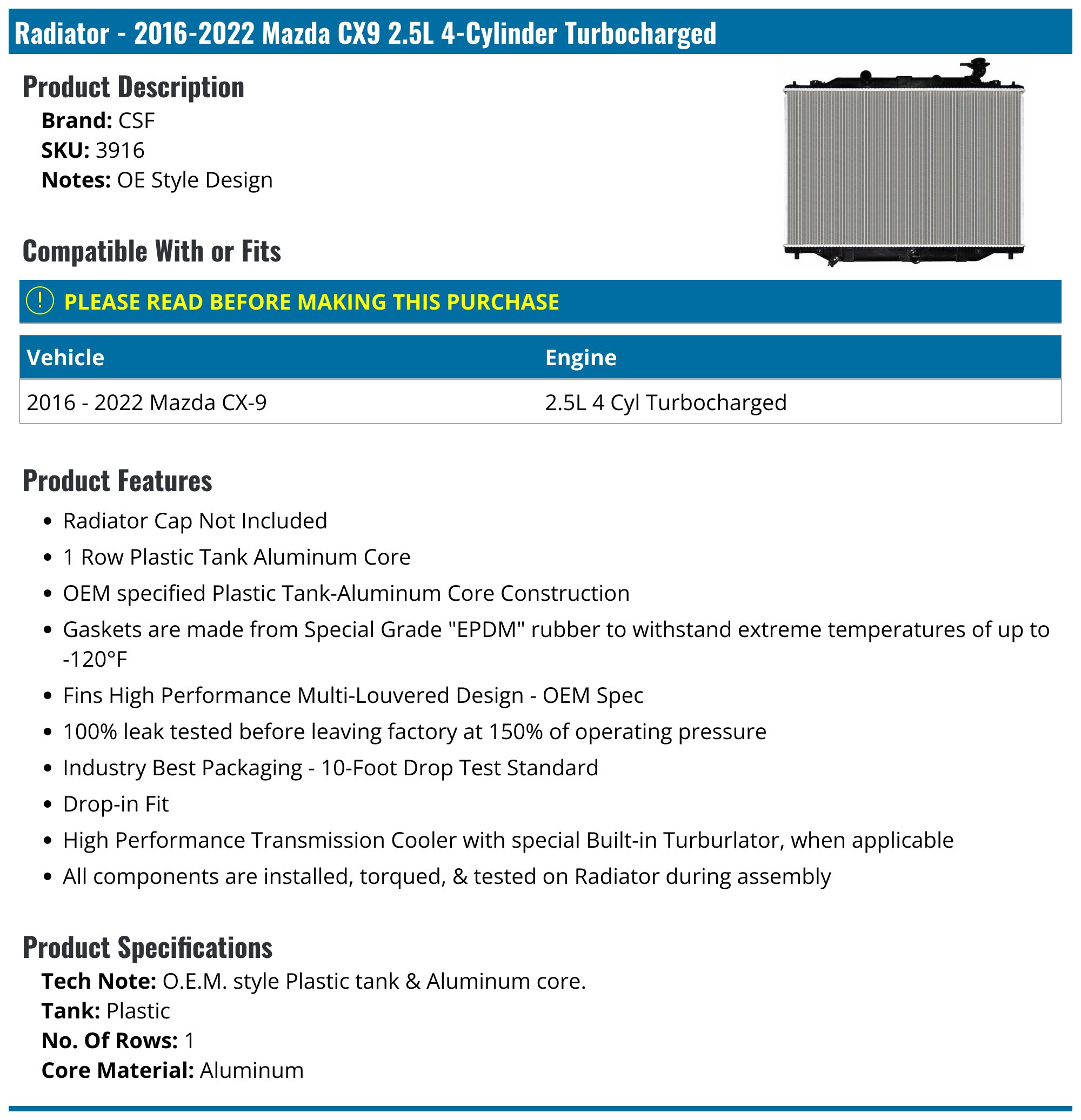 2016-2023 Mazda CX9 Radiator - CSF 3916 - PartsGeek.com