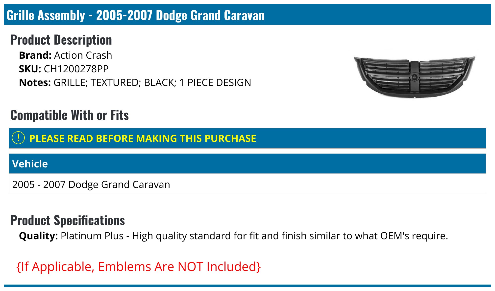 Calandre Avant Chromée Pour Dodge Grand Caravan 2008-2010 SXT - Référence 5113151AA