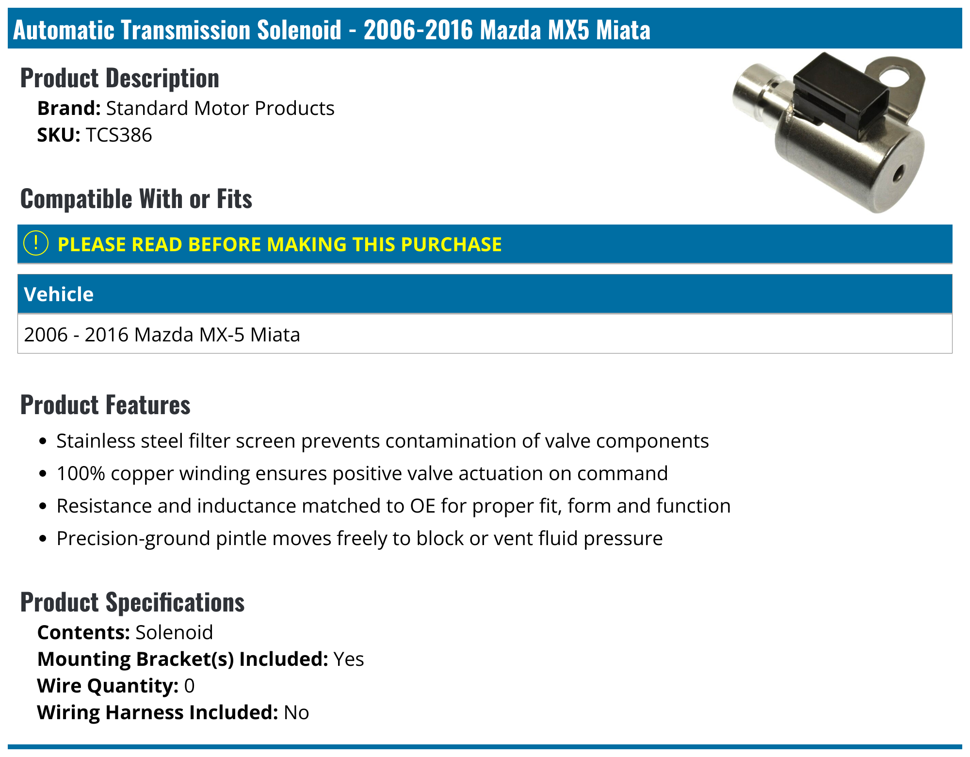 20062016 Mazda MX5 Miata Automatic Transmission Solenoid Standard