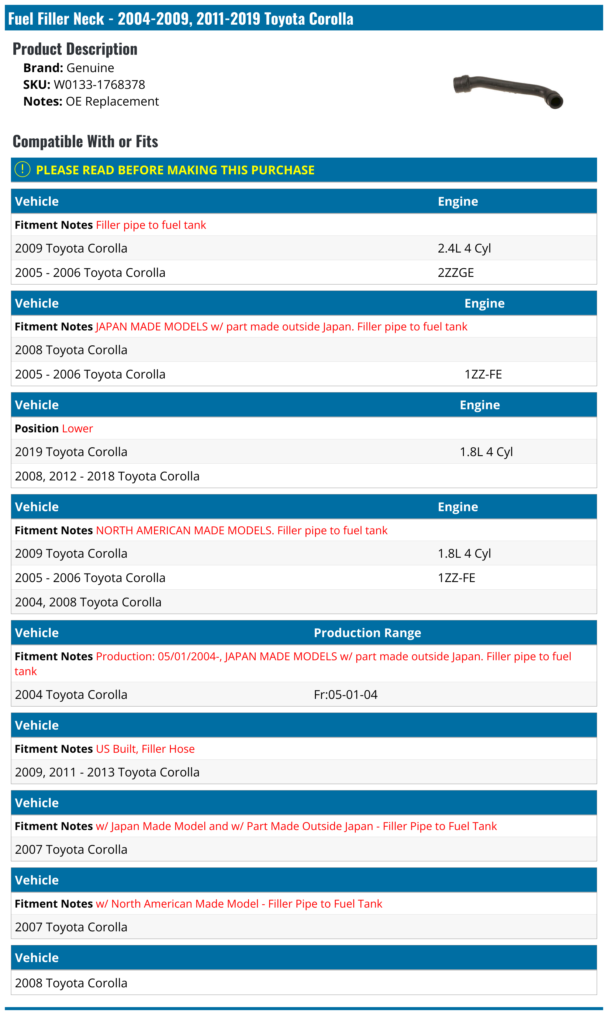 20042019 Toyota Corolla Fuel Filler Neck Genuine W01331768378