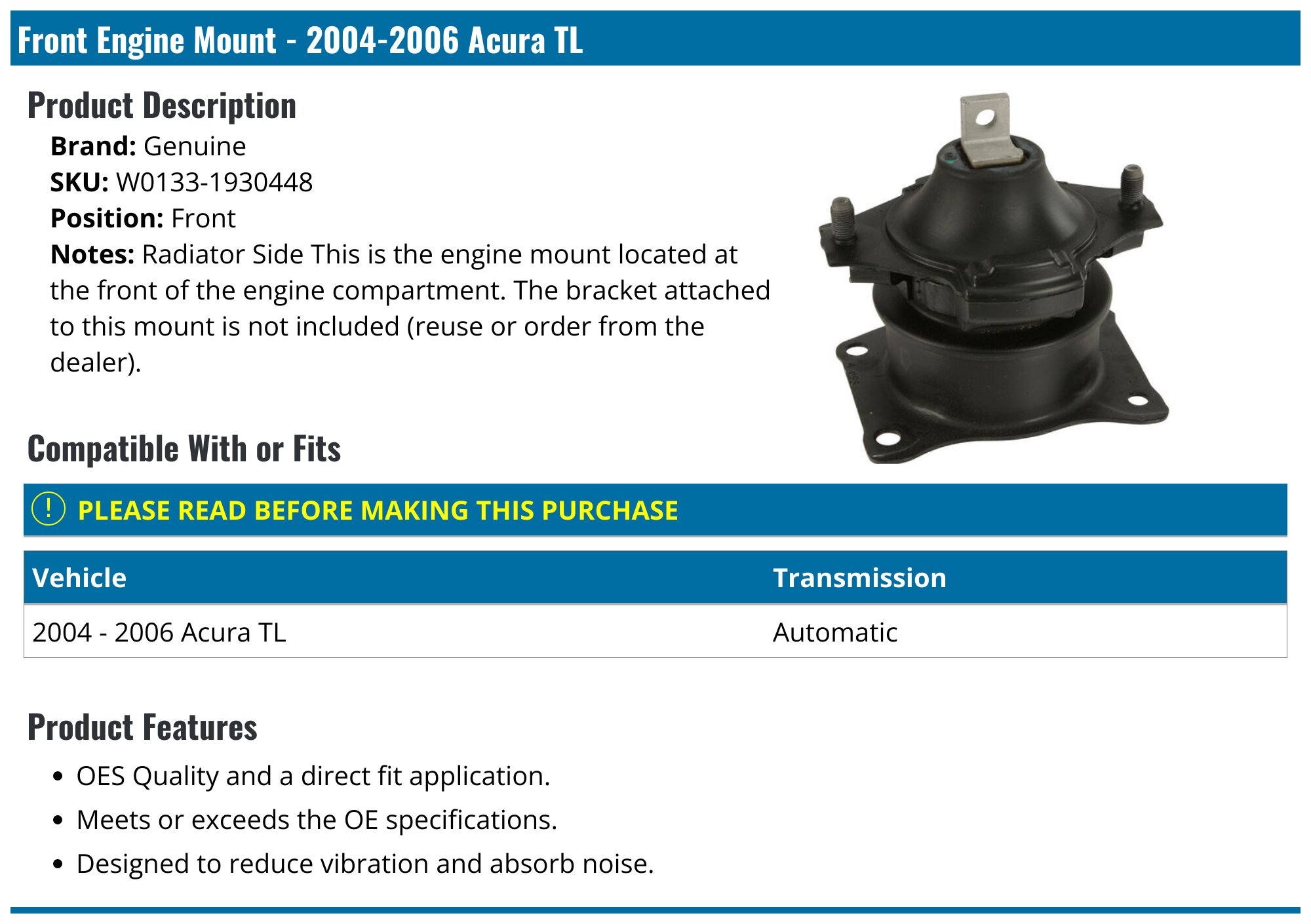 Front Lower Engine Mount For 2004-2008 Acura TL 3.2L V6 - Hydraulic With Vacuum Line