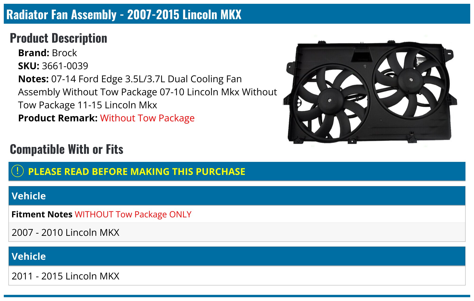 20072015 Lincoln MKX Radiator Fan Assembly Brock 36610039