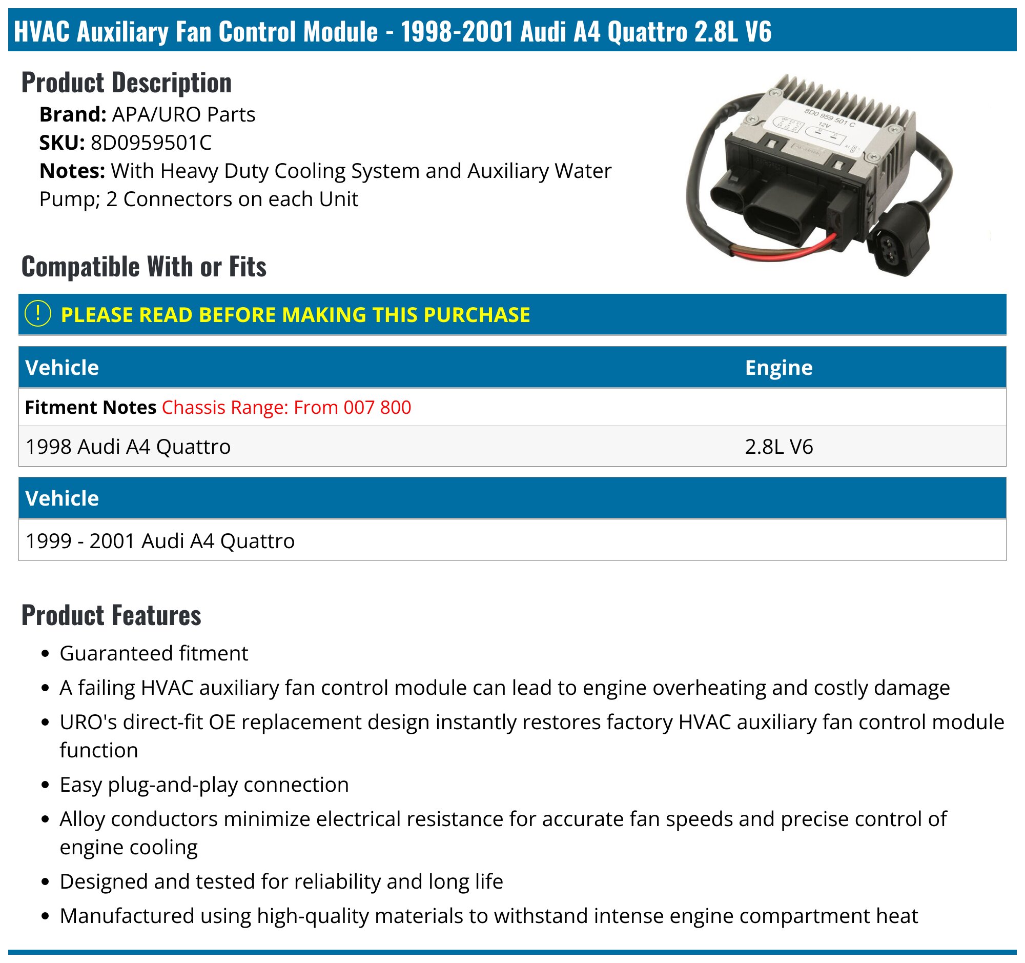 19982001 Audi A4 Quattro HVAC Auxiliary Fan Control Module APA/URO