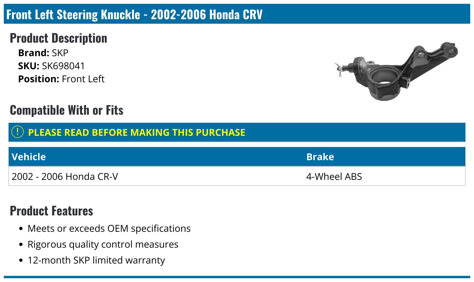 Front Left Steering Knuckle fits CRV 2002-2006 2.4L 4 Cyl Sport Utility