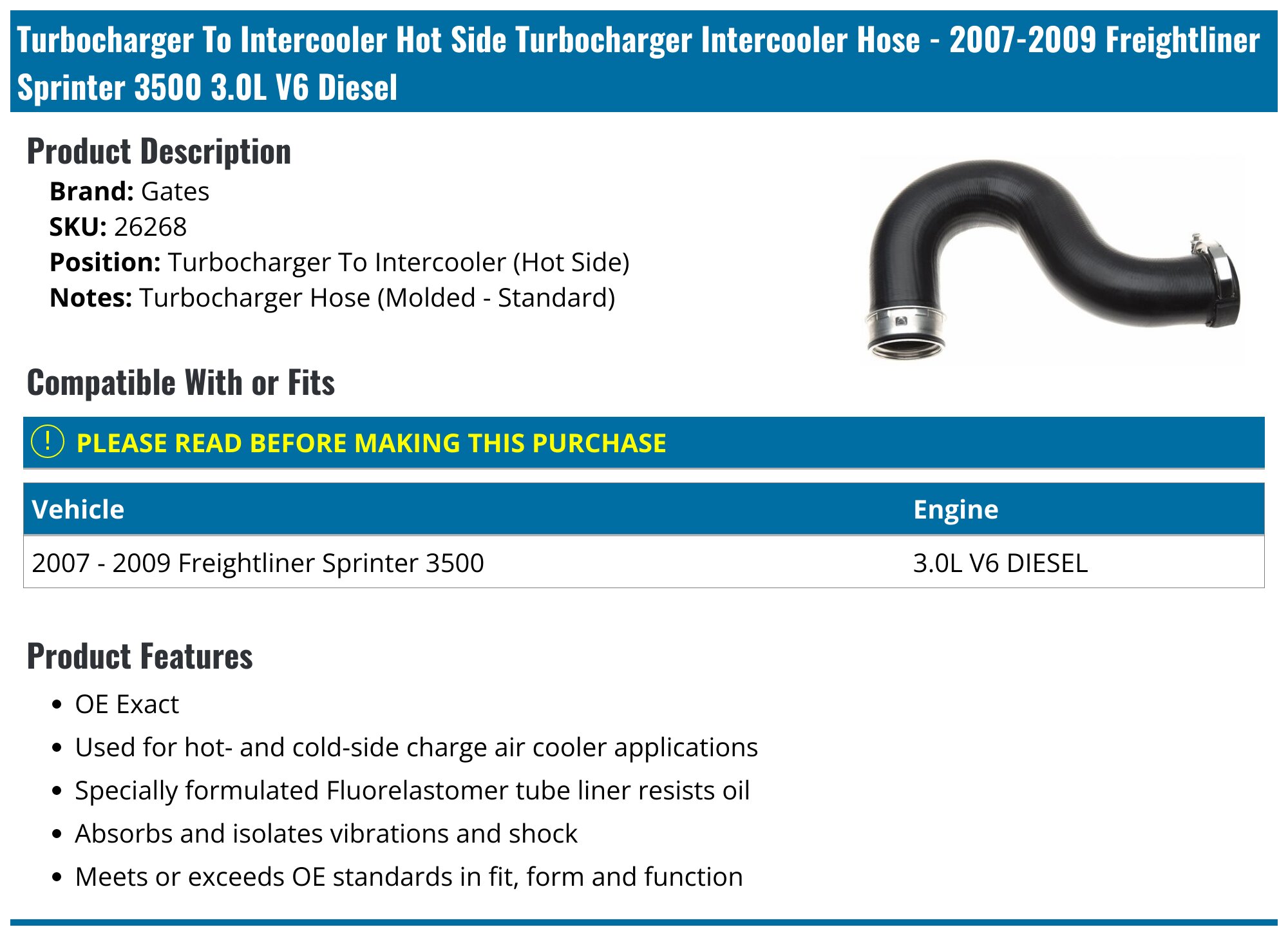 20072009 Freightliner Sprinter 3500 Turbocharger Intercooler Hose
