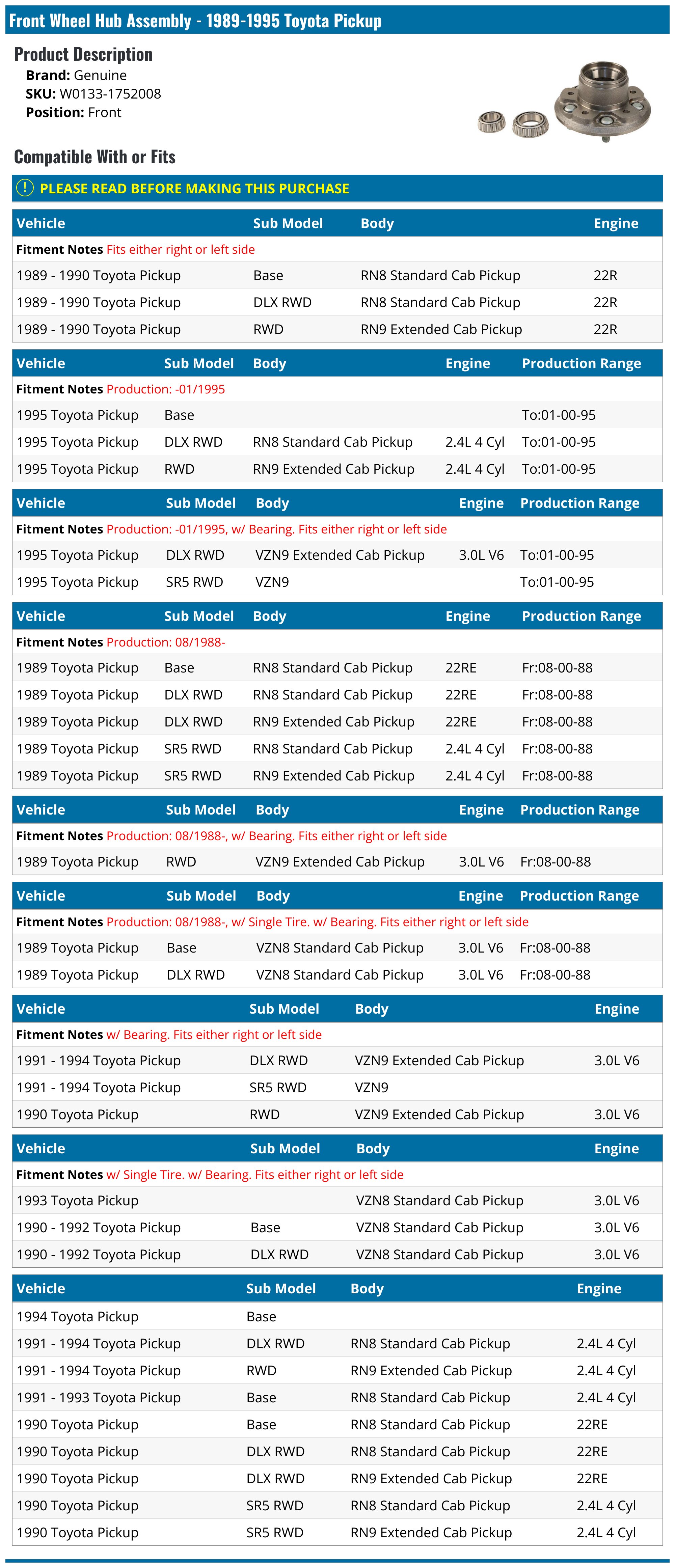 19891995 Toyota Pickup Wheel Hub Assembly Genuine W01331752008