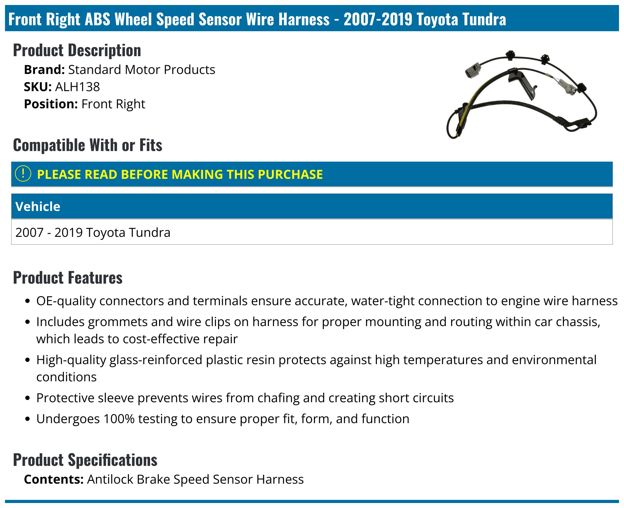 2007-2019 Toyota Tundra ABS Speed Sensor - Standard Motor Products