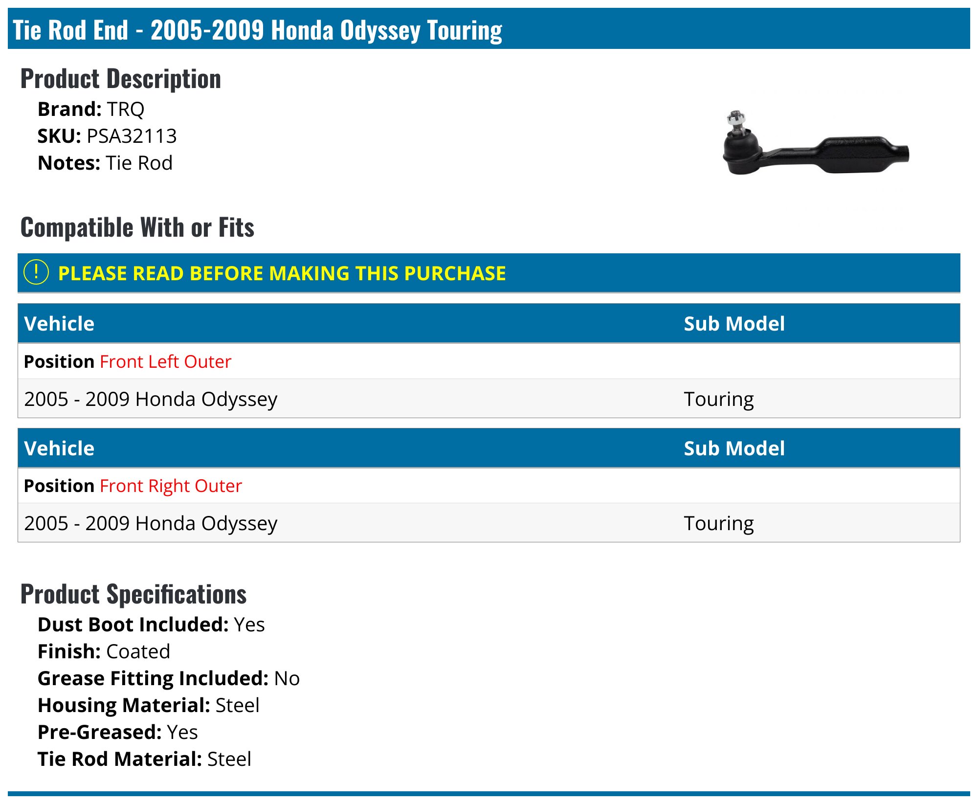 Front Outer Tie Rod End Links For 2005-2010 Honda Odyssey – METRIX Premium (Pair)
