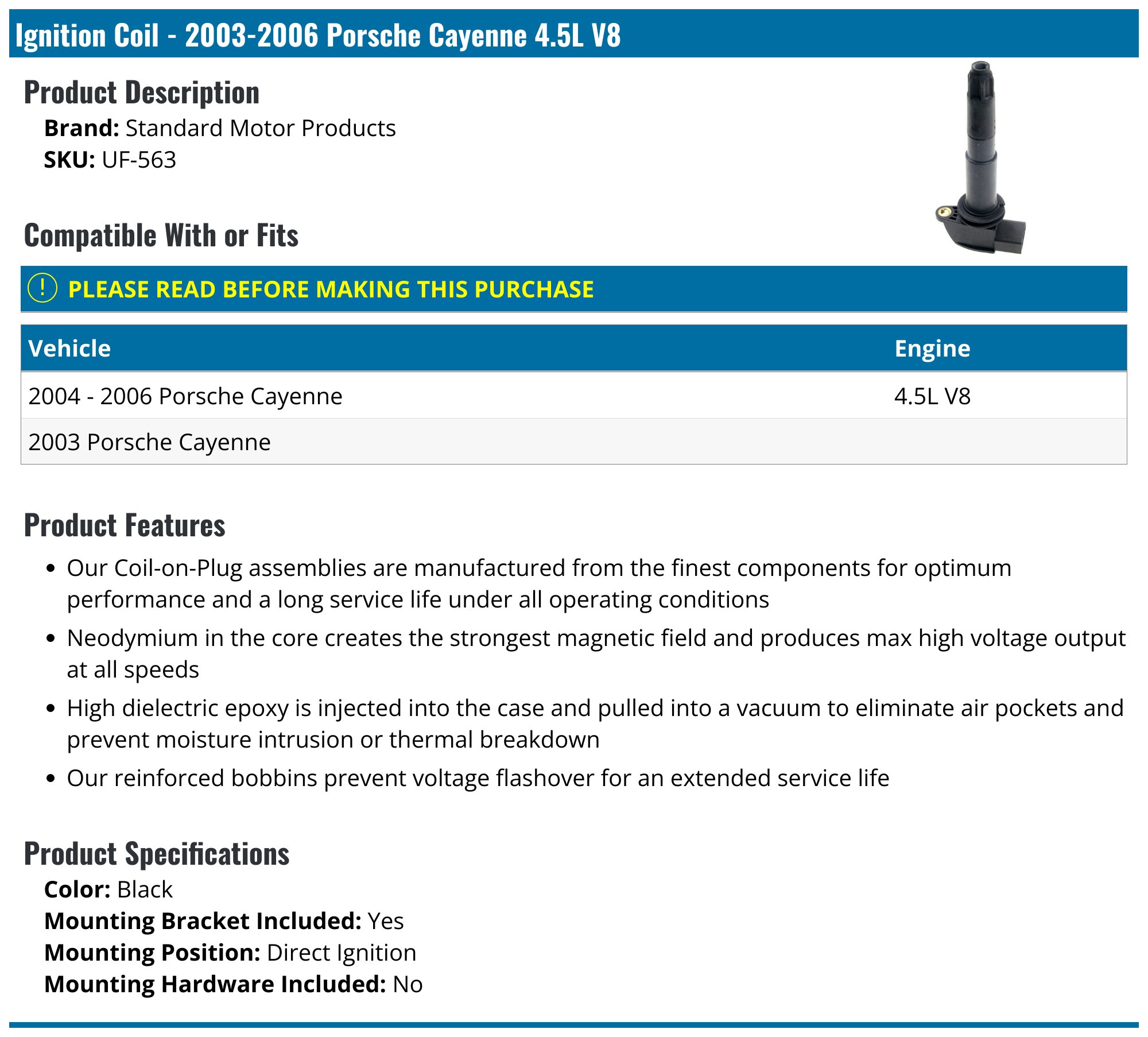 Ignition Coil For Porsche Cayenne 2003-2006 V8 4.5L - AVERY UF-563 (94860210401, 94860210403, 94860210405)