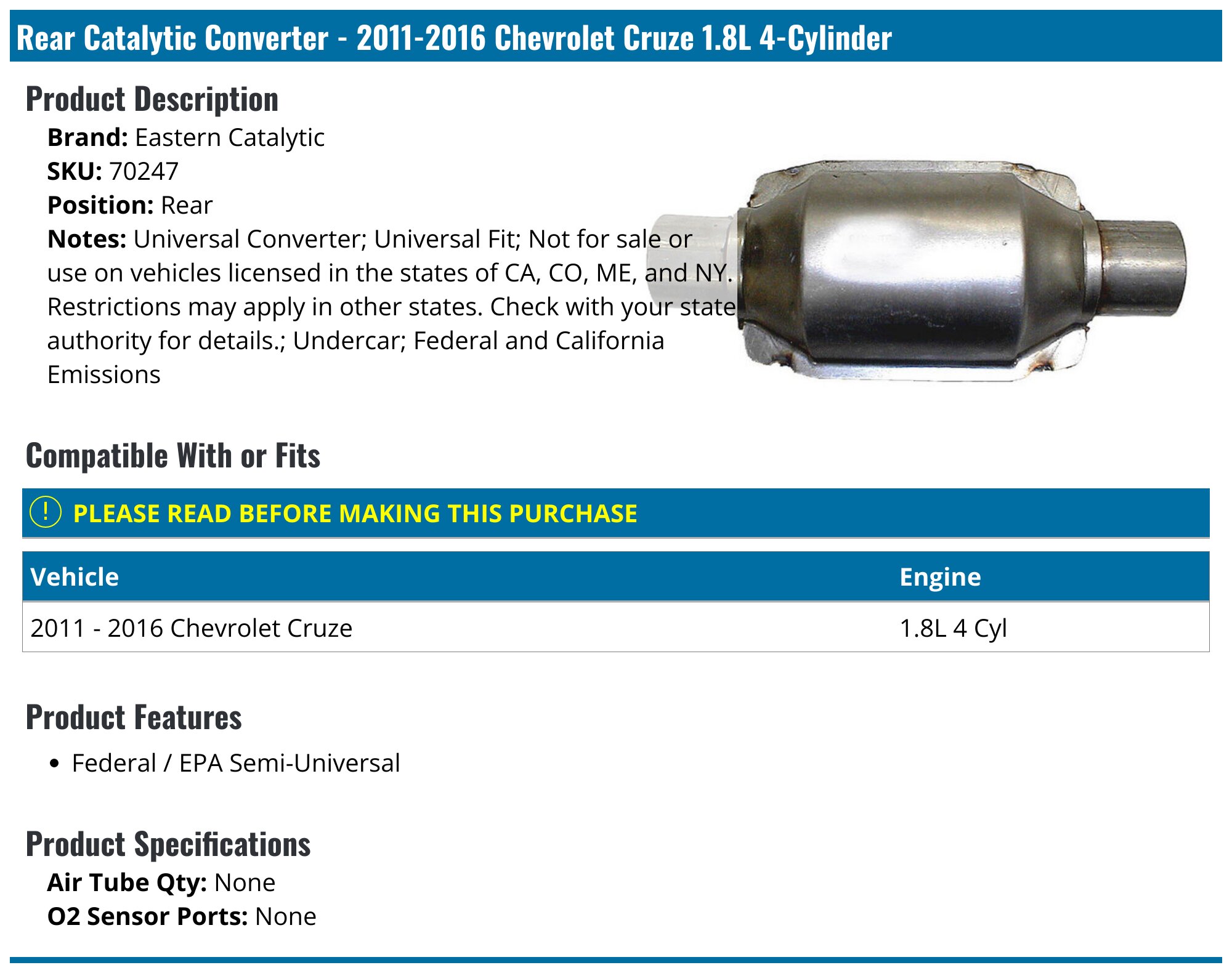 Direct Fit Rear Catalytic Converter For 2011-2015 Chevy Cruze 1.4L - EPA Compliant (46-State Legal)