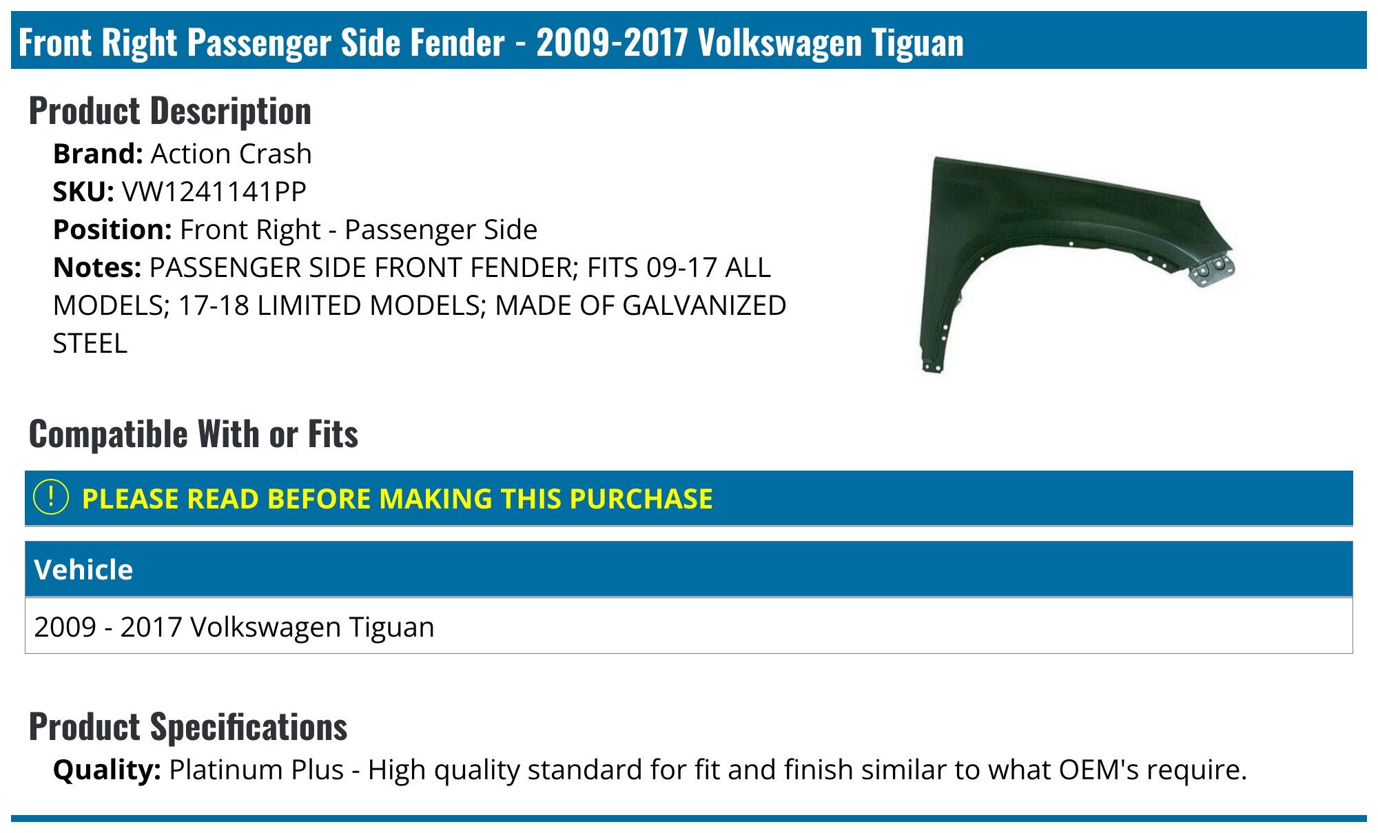Passenger Side Front Fender For 2009-2017 VW Tiguan – Primed Steel, Direct Fit