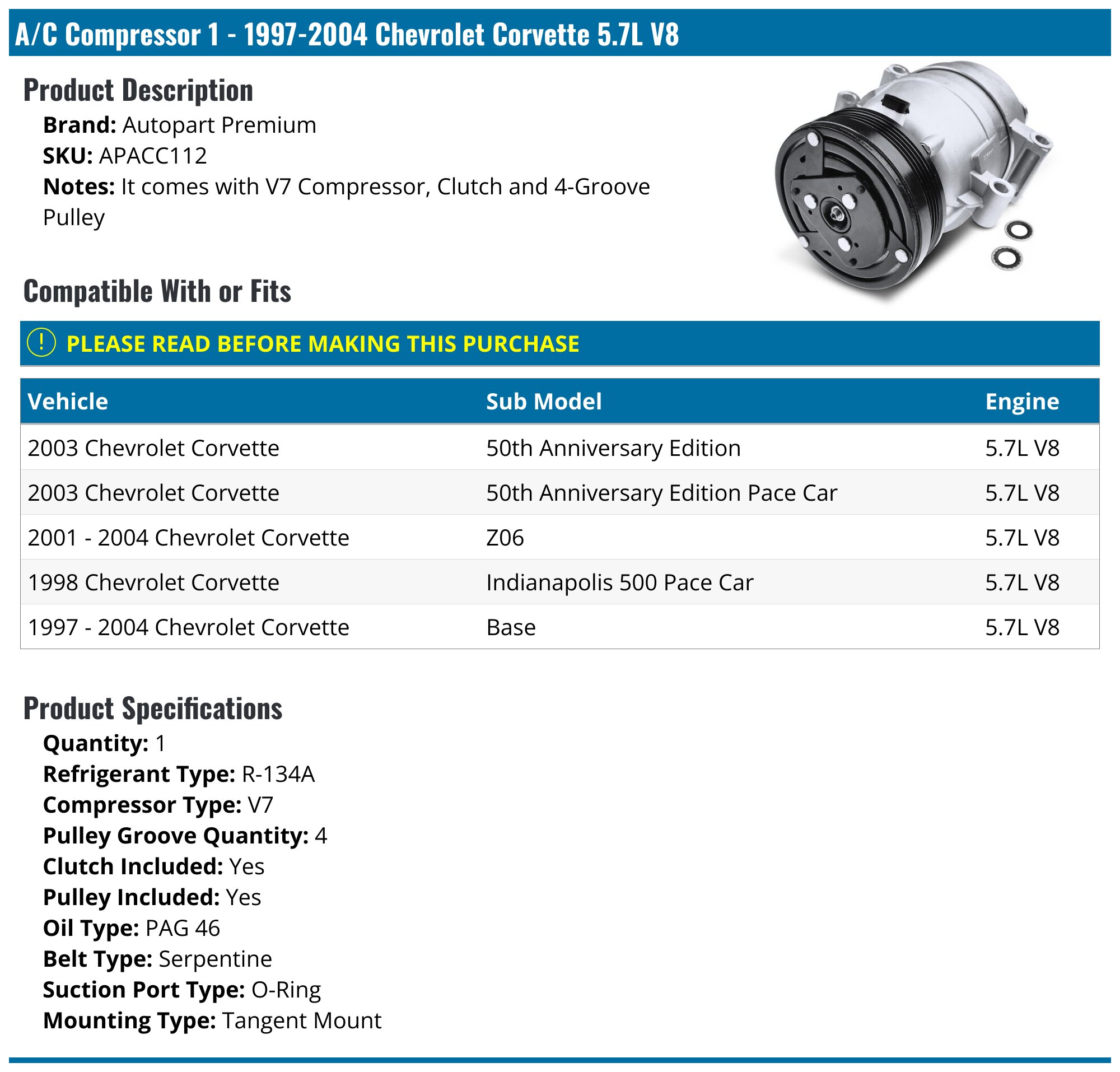1997-2004 Chevrolet Corvette A/C Compressor - Autopart Premium APACC112 ...