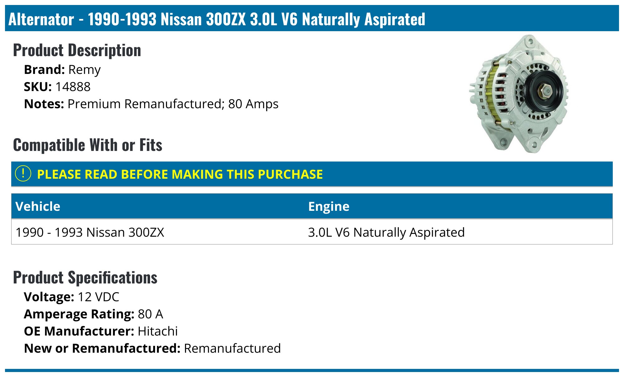 Nissan 300ZX Alternator - Car Alternators - Pure Energy Remy AC