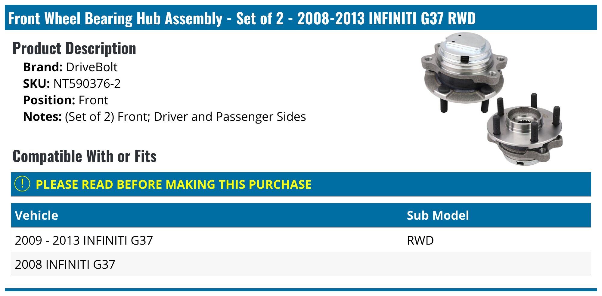20082013 Infiniti G37 Wheel Hub Assembly DriveBolt NT5903762