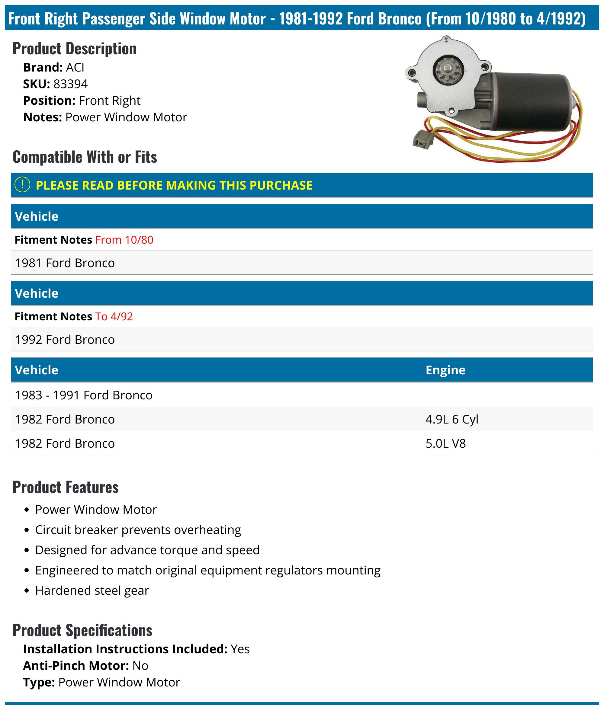 Dorman Tailgate Window Motor For Ford Bronco 1989-1996 – Power Lift Motor With Wiring Harness