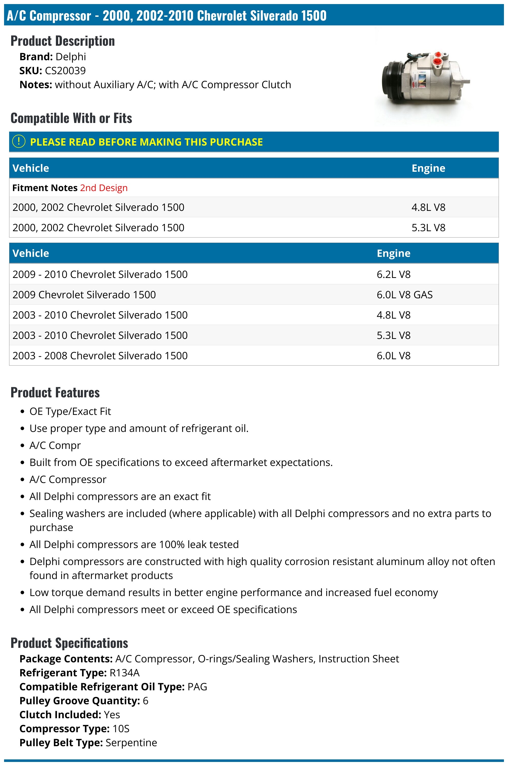 New AC Compressor & Clutch Assembly For Chevy Silverado / GMC Sierra 1500 2003-2013 (4.8L, 5.3L, 6.0L, 6.2L)