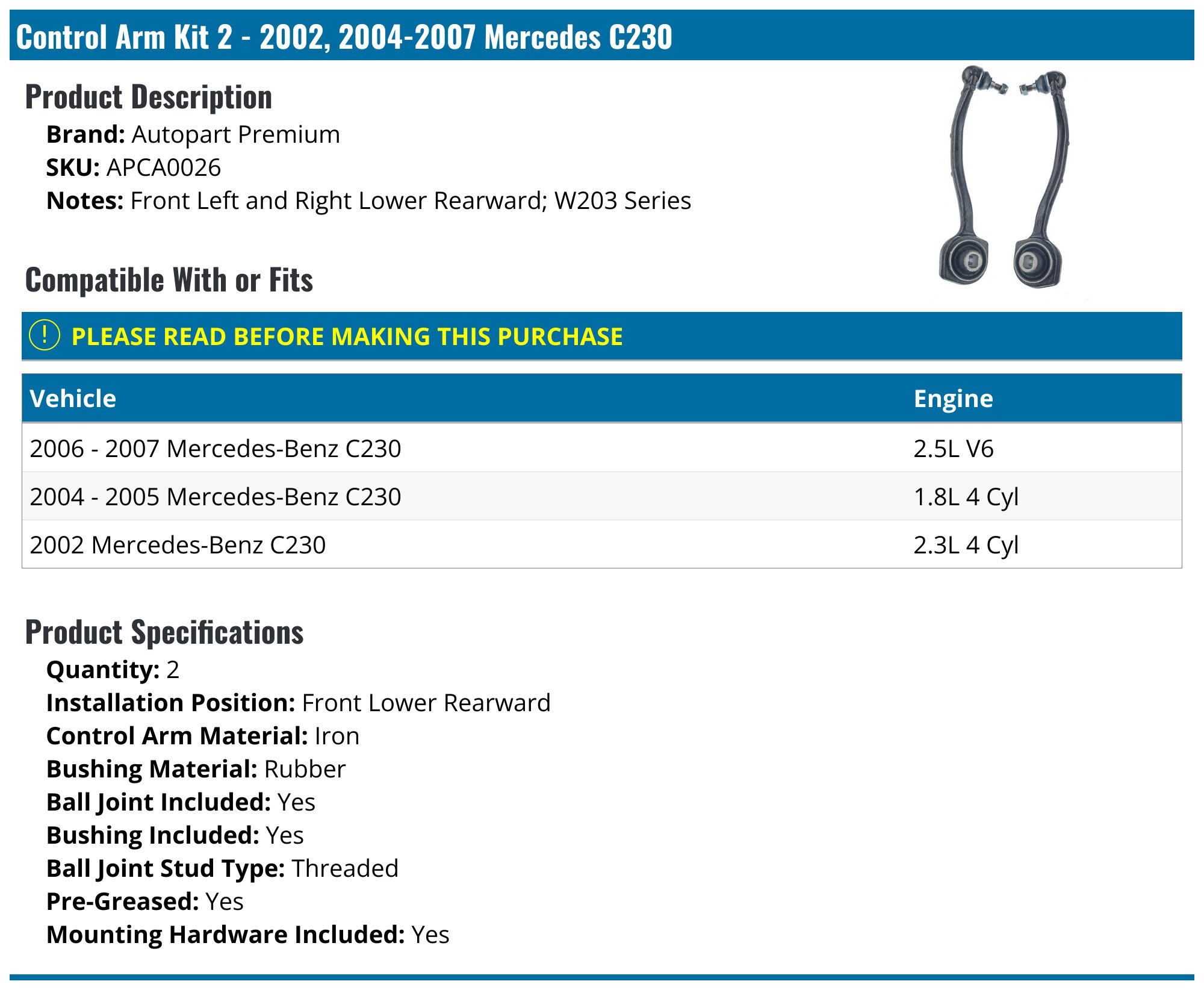 Evan-Fischer Front Lower Control Arm Kit – For 2002-2007 Mercedes C230 RWD (8-Piece)