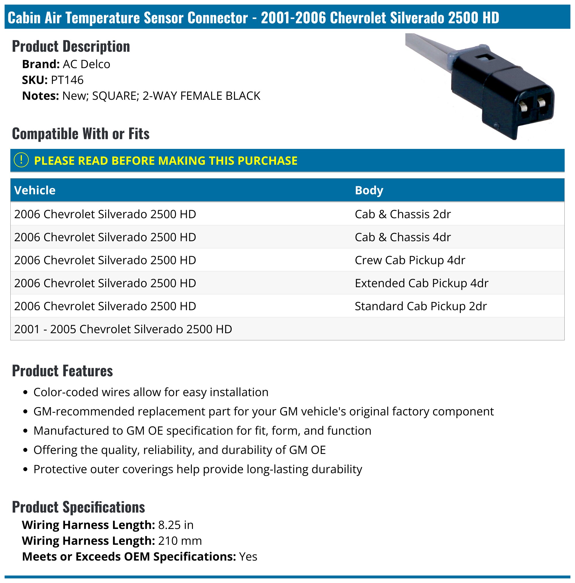 2001-2006 Chevrolet Silverado 2500 HD Cabin Air Temperature Sensor ...