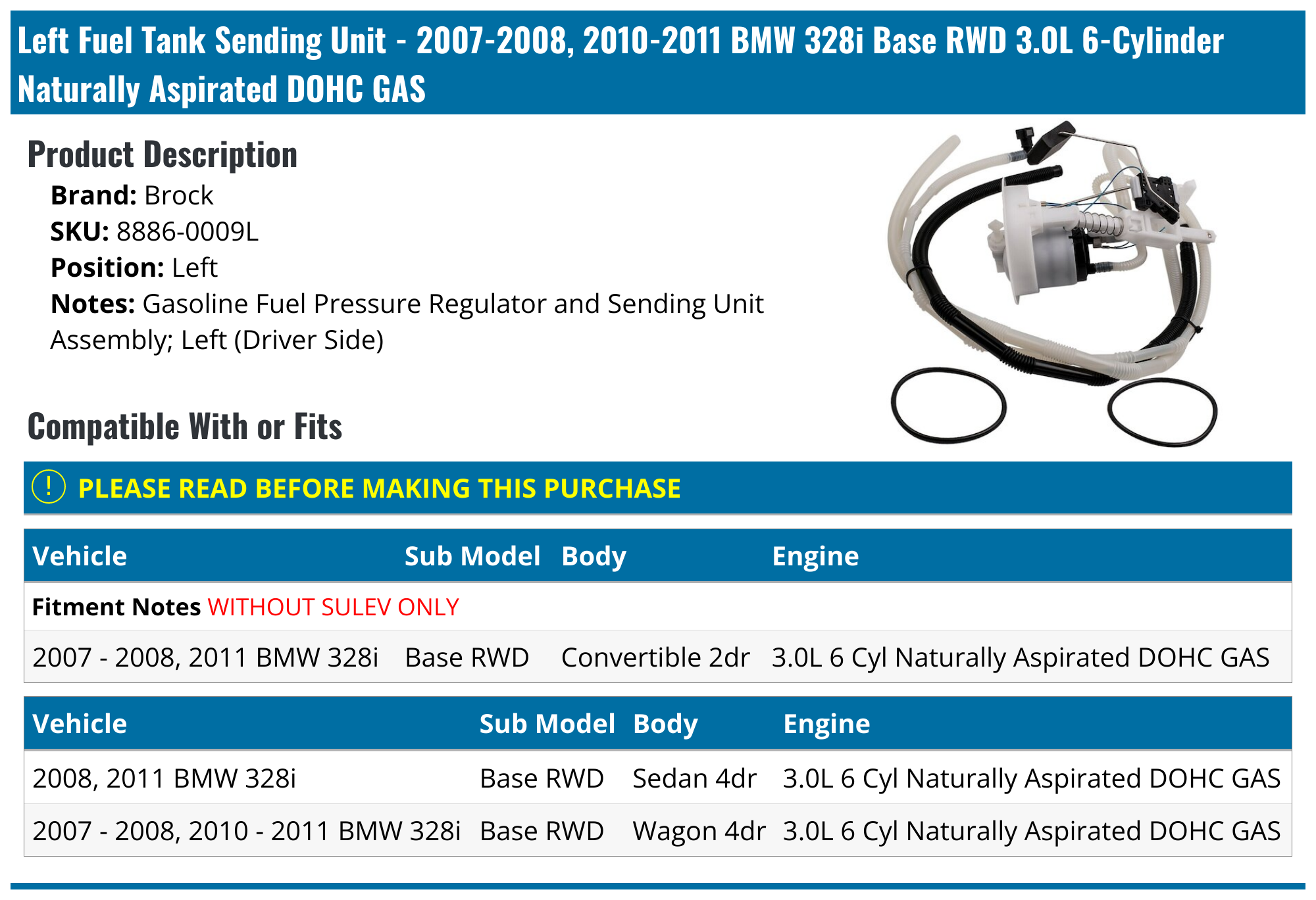 20072008, 20102011 BMW 328i Fuel Tank Sending Unit Brock 88860009L