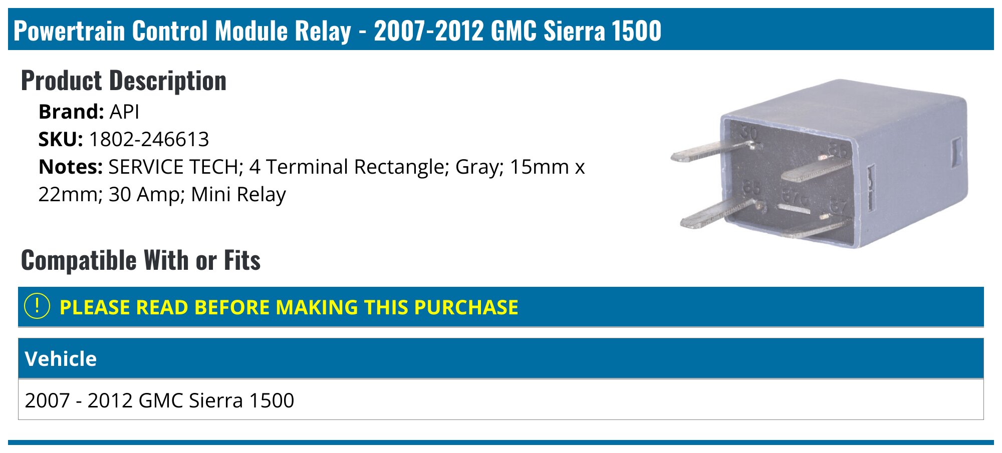2007-2012 GMC Sierra 1500 Powertrain Control Module Relay - API 19022 ...