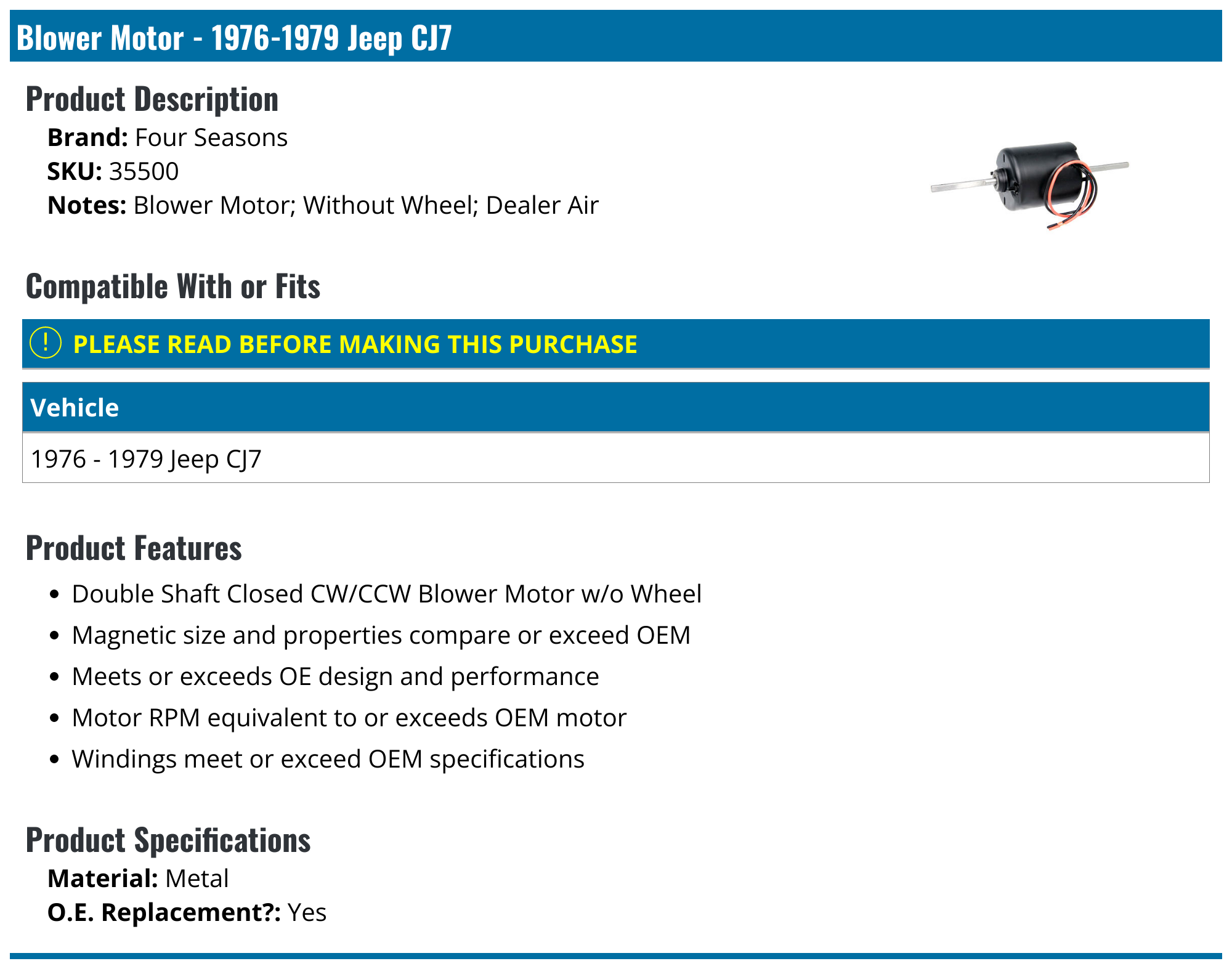19761979 Jeep CJ7 Blower Motor Four Seasons 35500