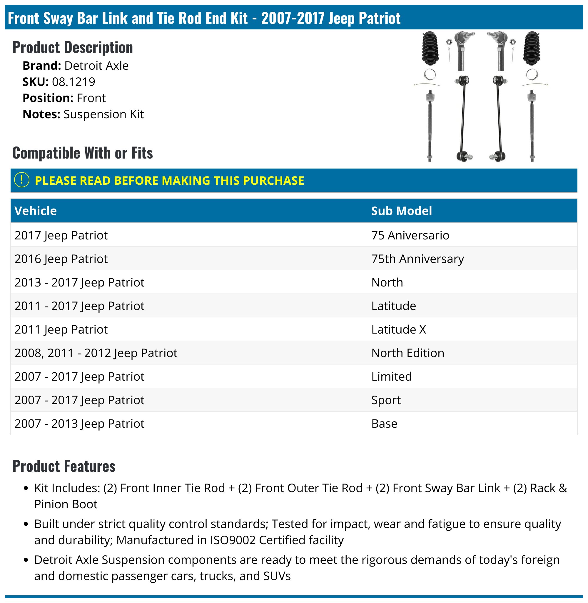 20072017 Jeep Patriot Sway Bar Link Detroit Axle 08.1219 Front