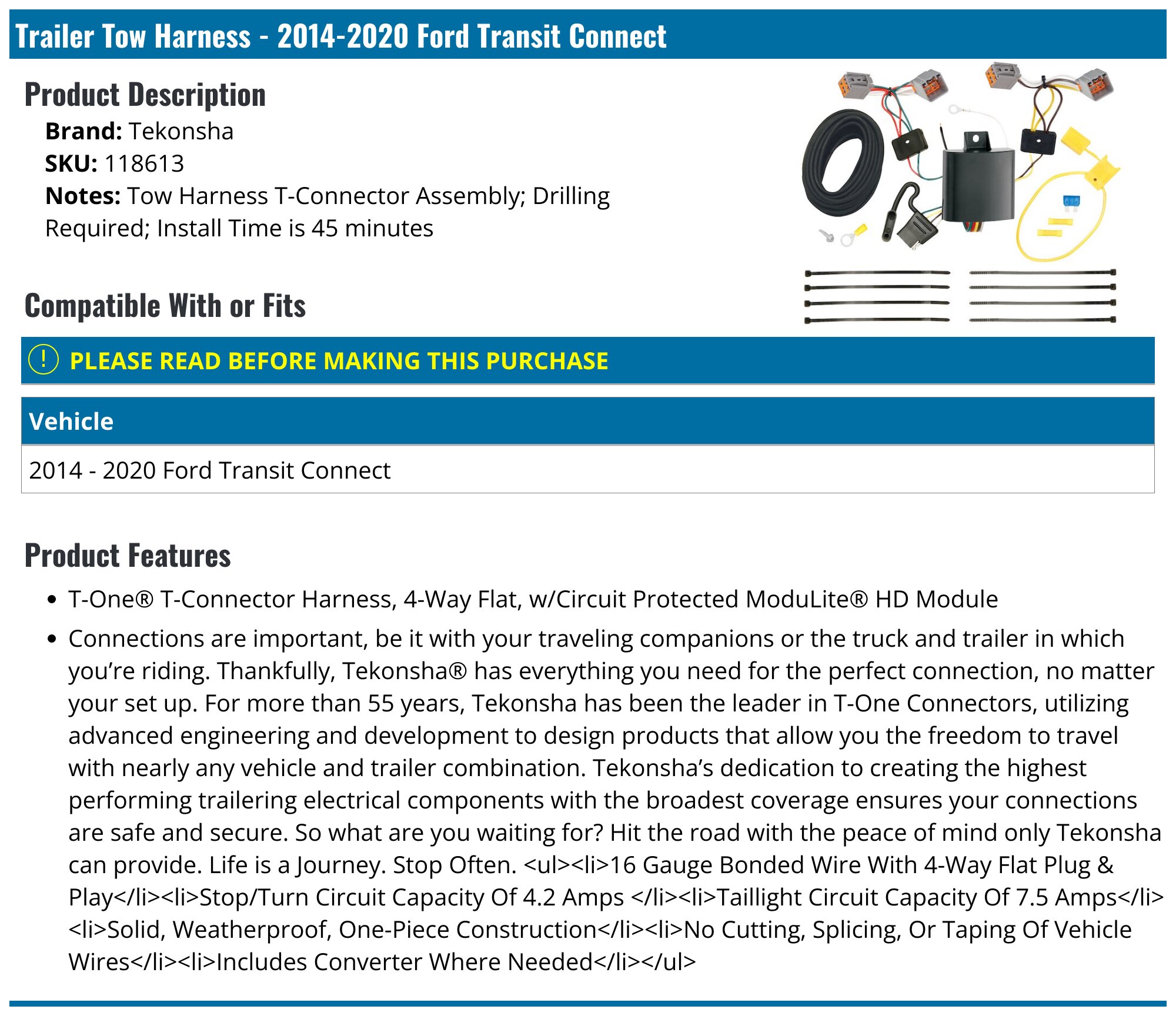 2014-2020 Ford Transit Connect Trailer Tow Harness - Tekonsha