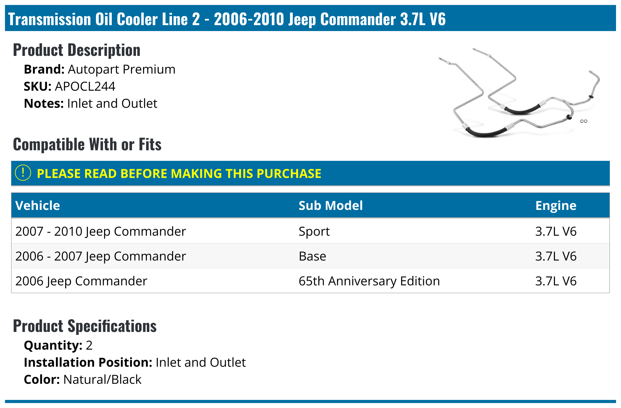 20062010 Jeep Commander Transmission Oil Cooler Line Autopart