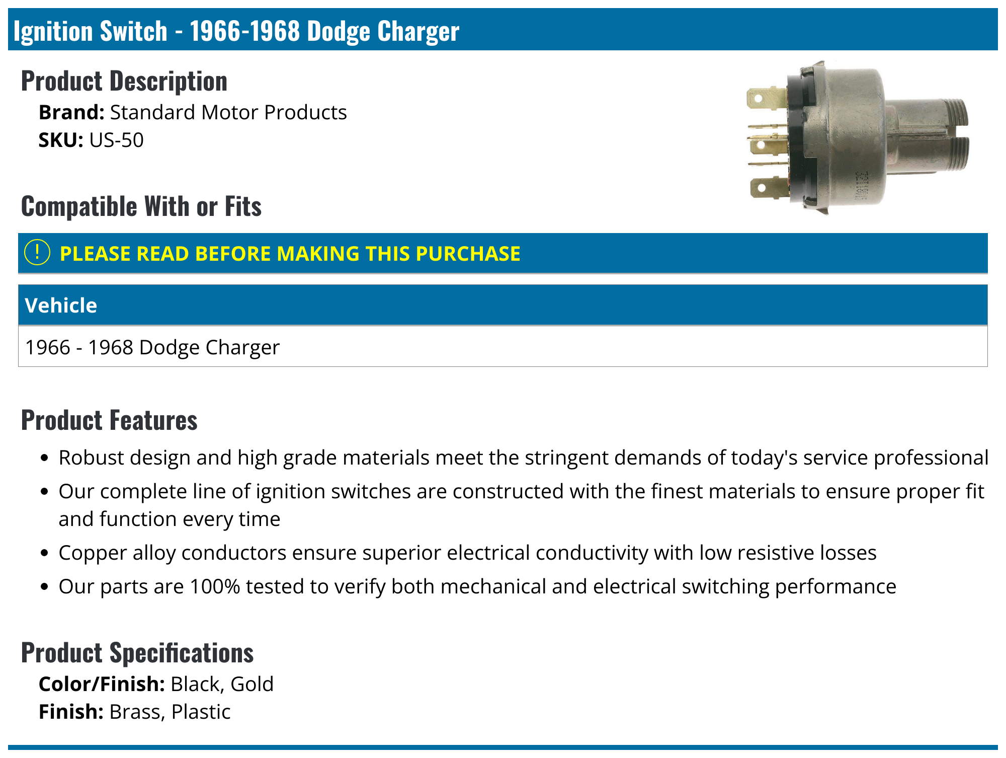 19661968 Dodge Charger Ignition Switch Standard Motor Products US50