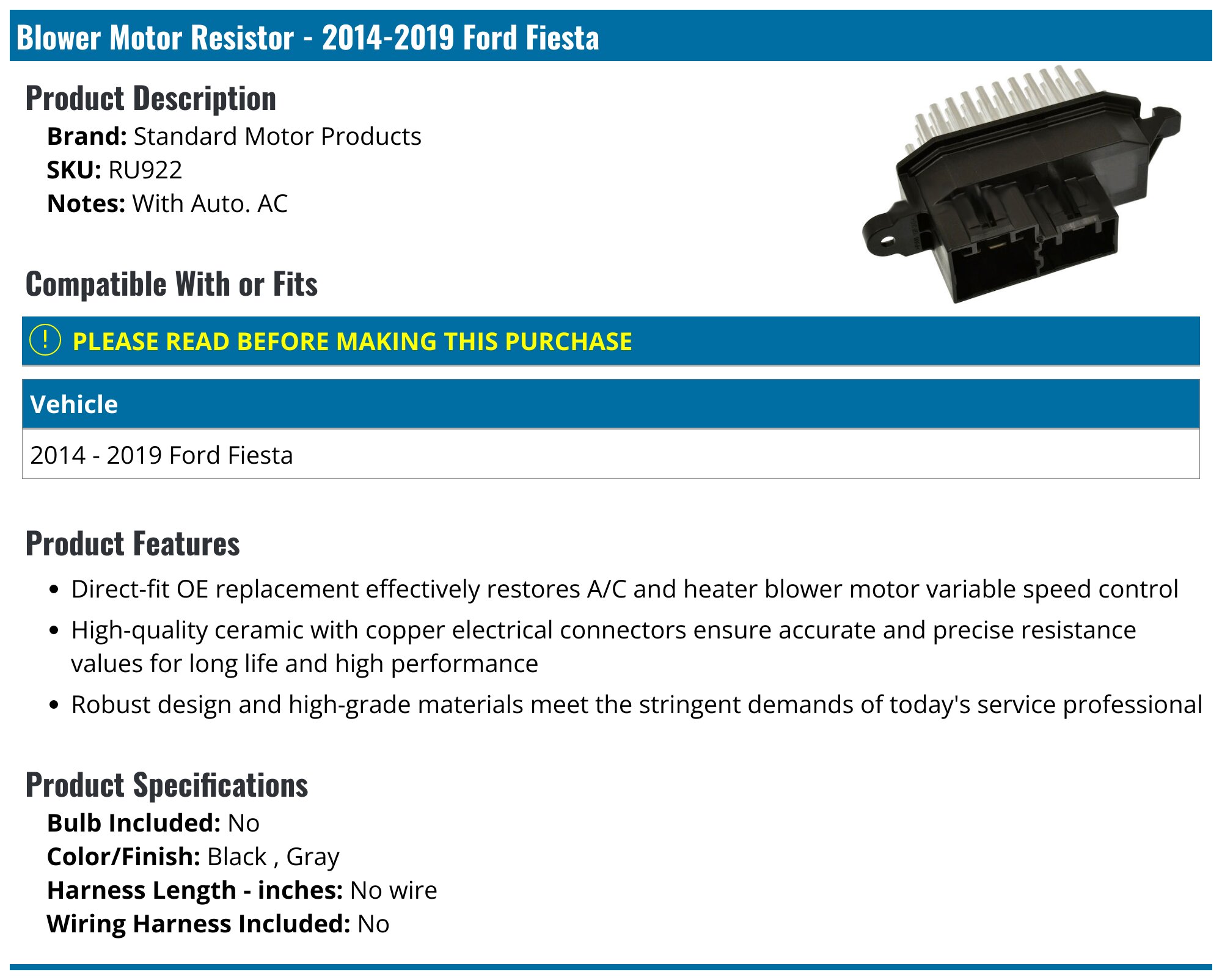 20142019 Ford Fiesta Blower Motor Resistor Standard Motor Products