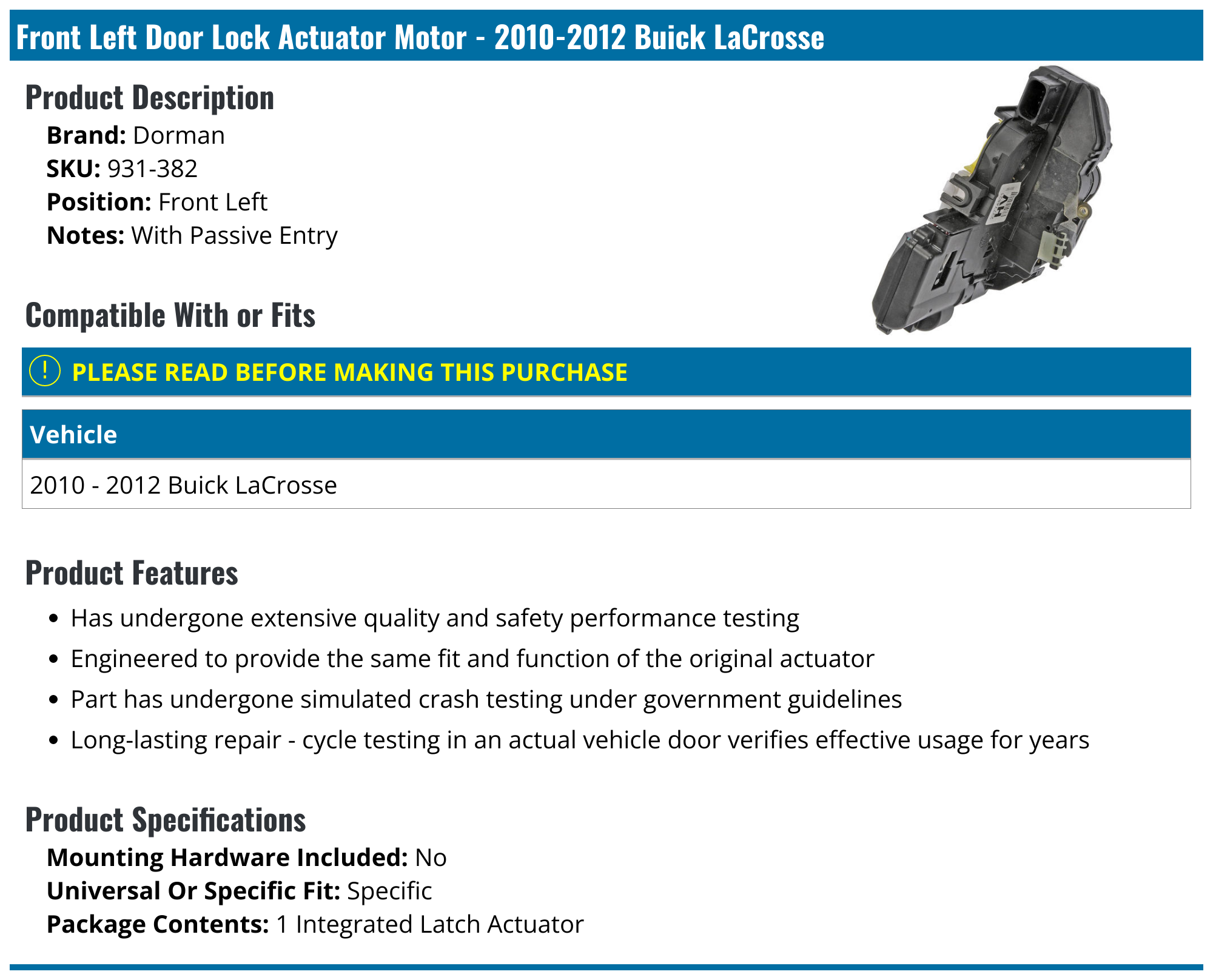 20102012 Buick LaCrosse Door Lock Actuator Dorman 931382 Front