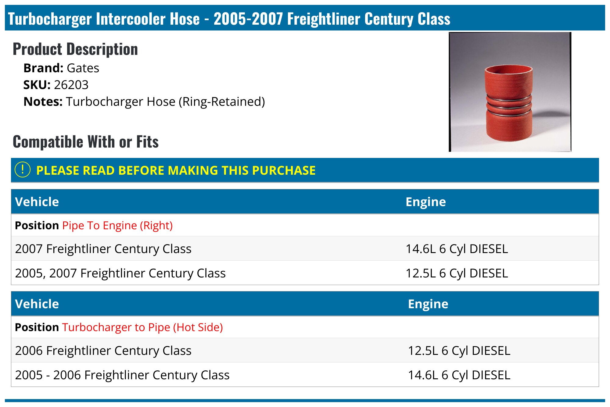 20052007 Freightliner Century Class Turbocharger Intercooler Hose