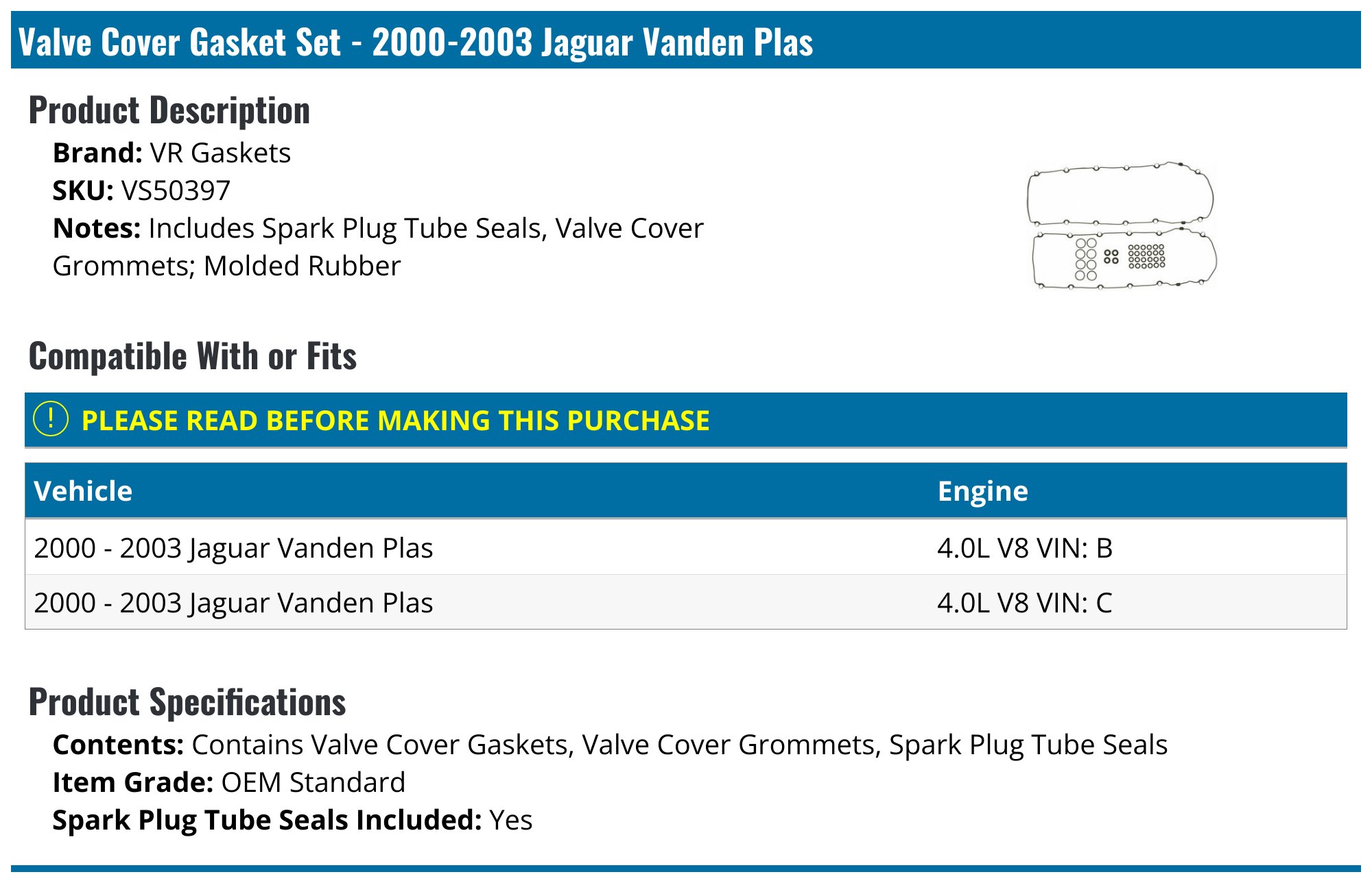 Jaguar Valve Cover Gasket - Eurospare NBC2525AA | FCP Euro