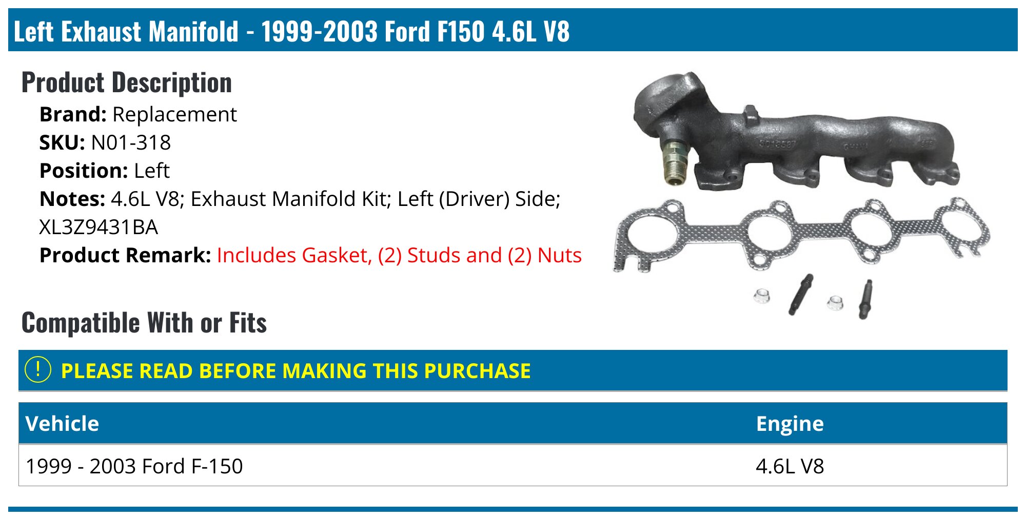 19992003 Ford F150 Exhaust Manifold Replacement N01318 Left