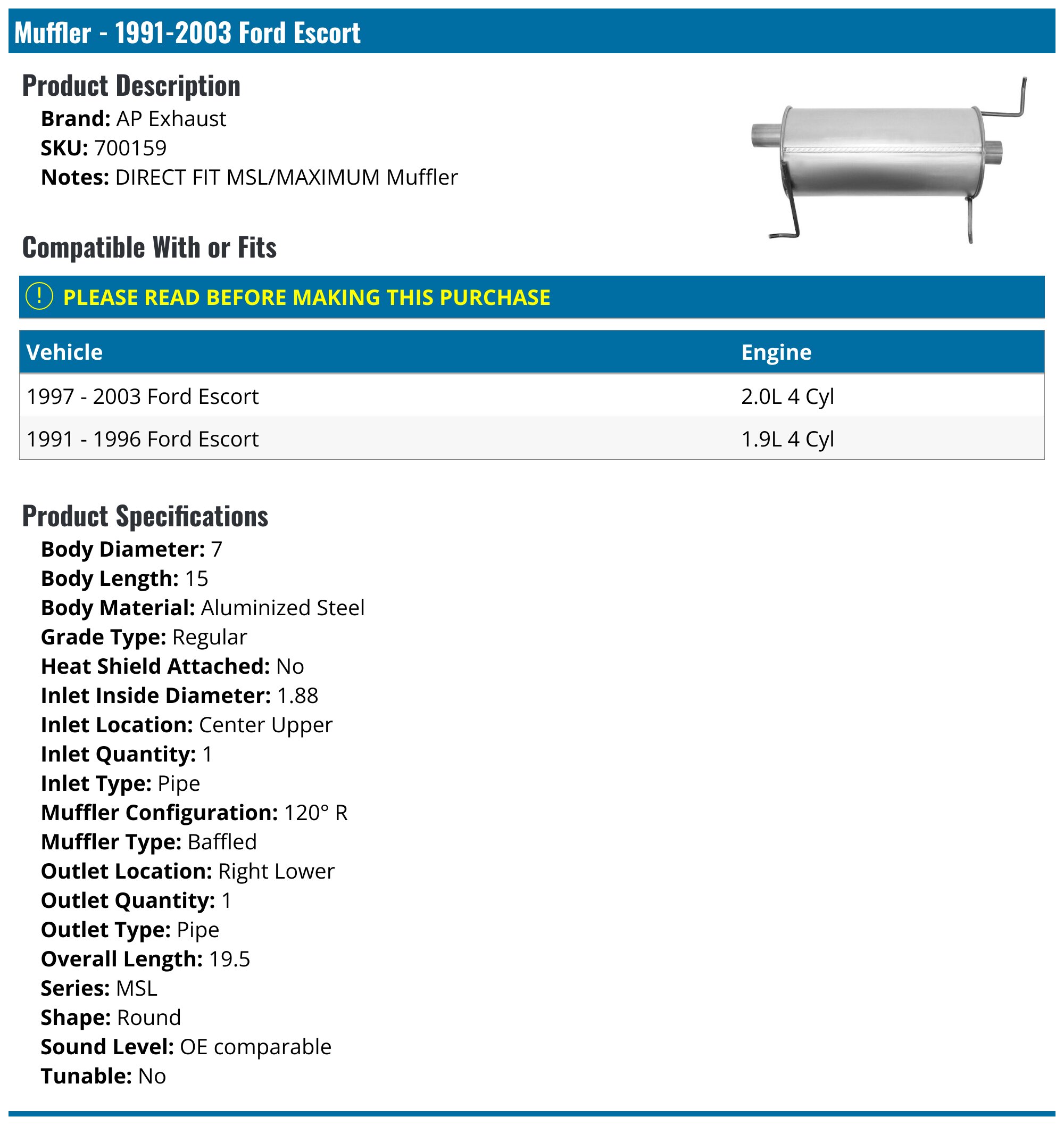 Exhaust Muffler & Resonator Pipe Kit For 1997-1999 Ford Escort 2.0L Wagon - Aluminized Steel Cat-Back System