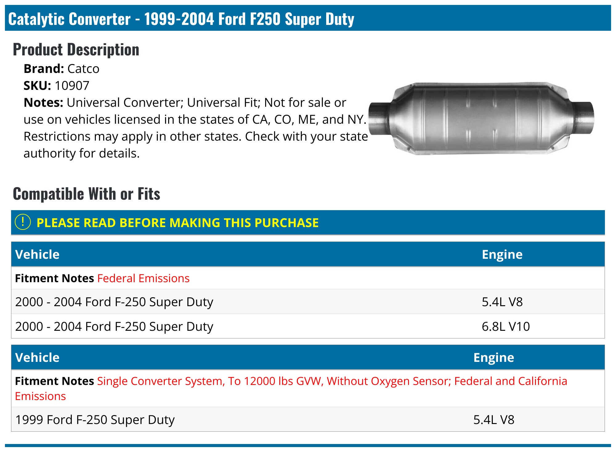 QUALITY EXHAUST Direct Fit Catalytic Converter – Ford F-250 Super Duty 5.4L/6.8L 2000-2004