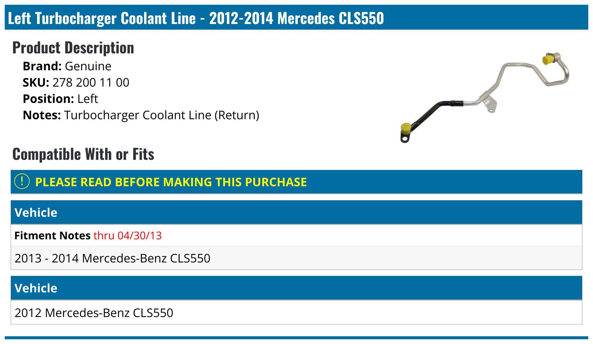 2012-2014 Mercedes CLS550 Turbocharger Coolant Line - Genuine 278 200 ...