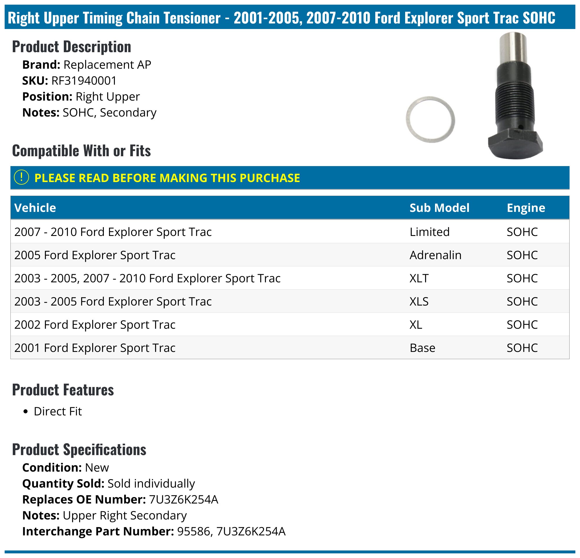 thumbnail image 2 of KAC Timing Chain Kit For Ford Explorer & Sport Trac 1997-2010 - Direct Replacement 2 of 4