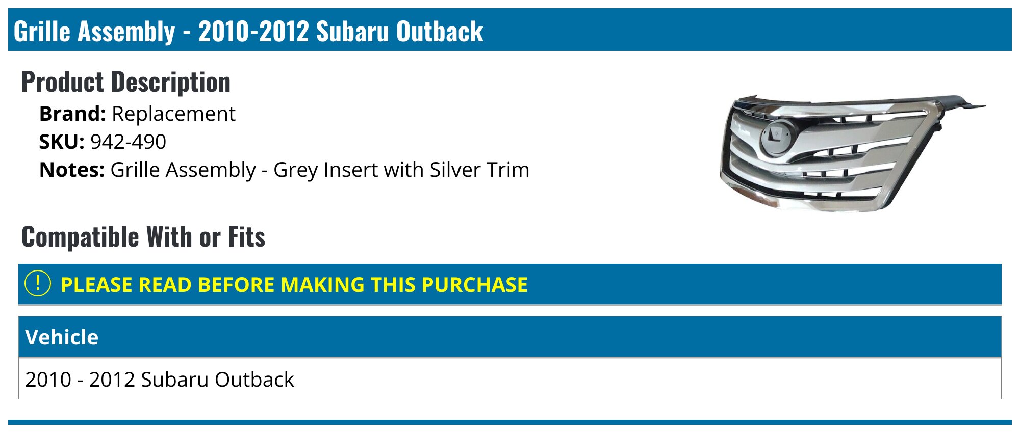 AM Autoparts Front Grille Chrome & Silver For 2010-2012 Subaru Outback – Direct Replacement (SU1200143)