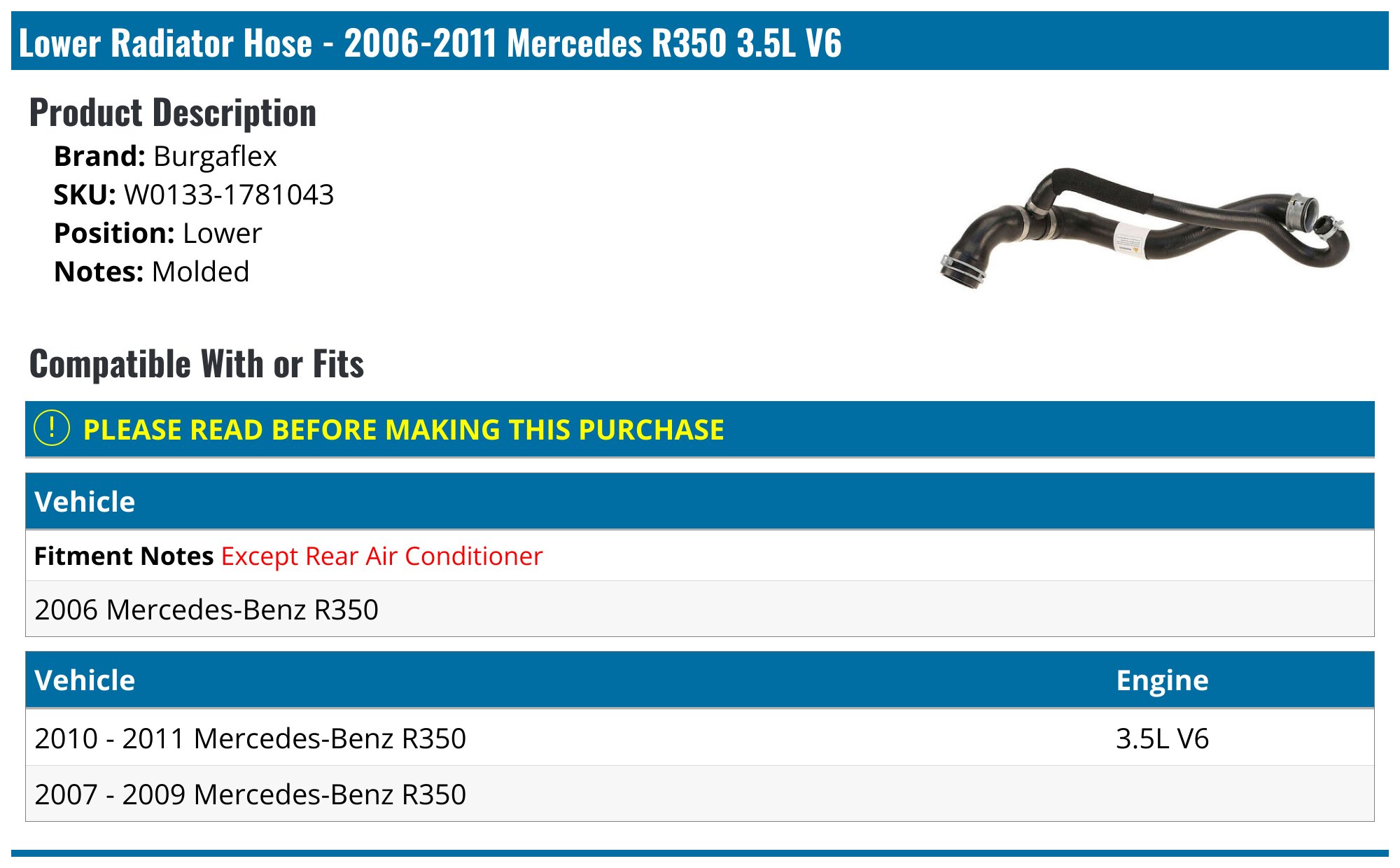Genuine Burgaflex Lower Radiator Hose For Mercedes R350 2006-2011 – Direct Fit 18683QR